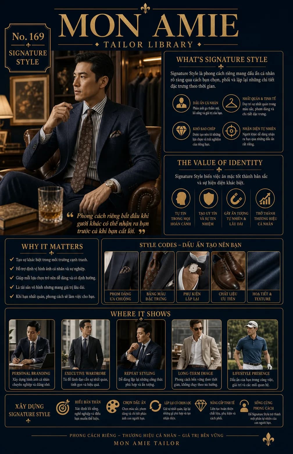 Mon Amie Tailor Library poster No. 169 on Signature Style: a personal mark expressed through silhouette, palette, accessories, and cloth