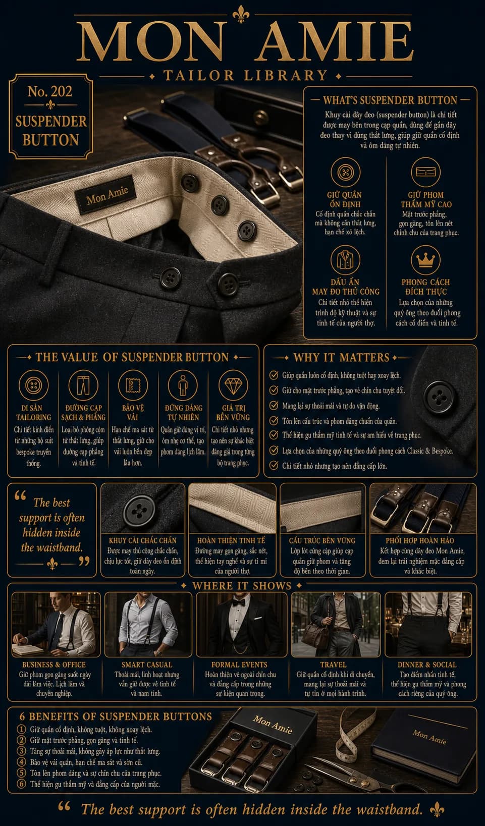 Mon Amie Tailor Library poster No. 202 on Suspender Buttons: a row of braces buttons inside a trouser waistband