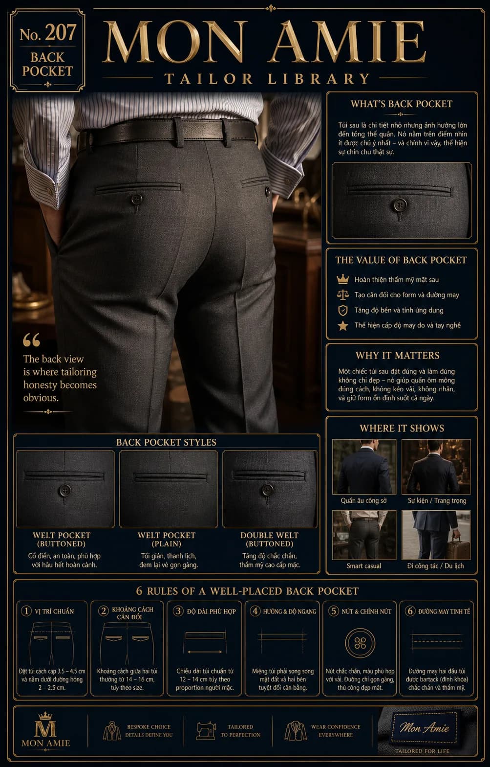 Poster Tailor Library số 207 của Mon Amie về Back Pocket: mặt sau quần tây xám với hai túi sau cài nút