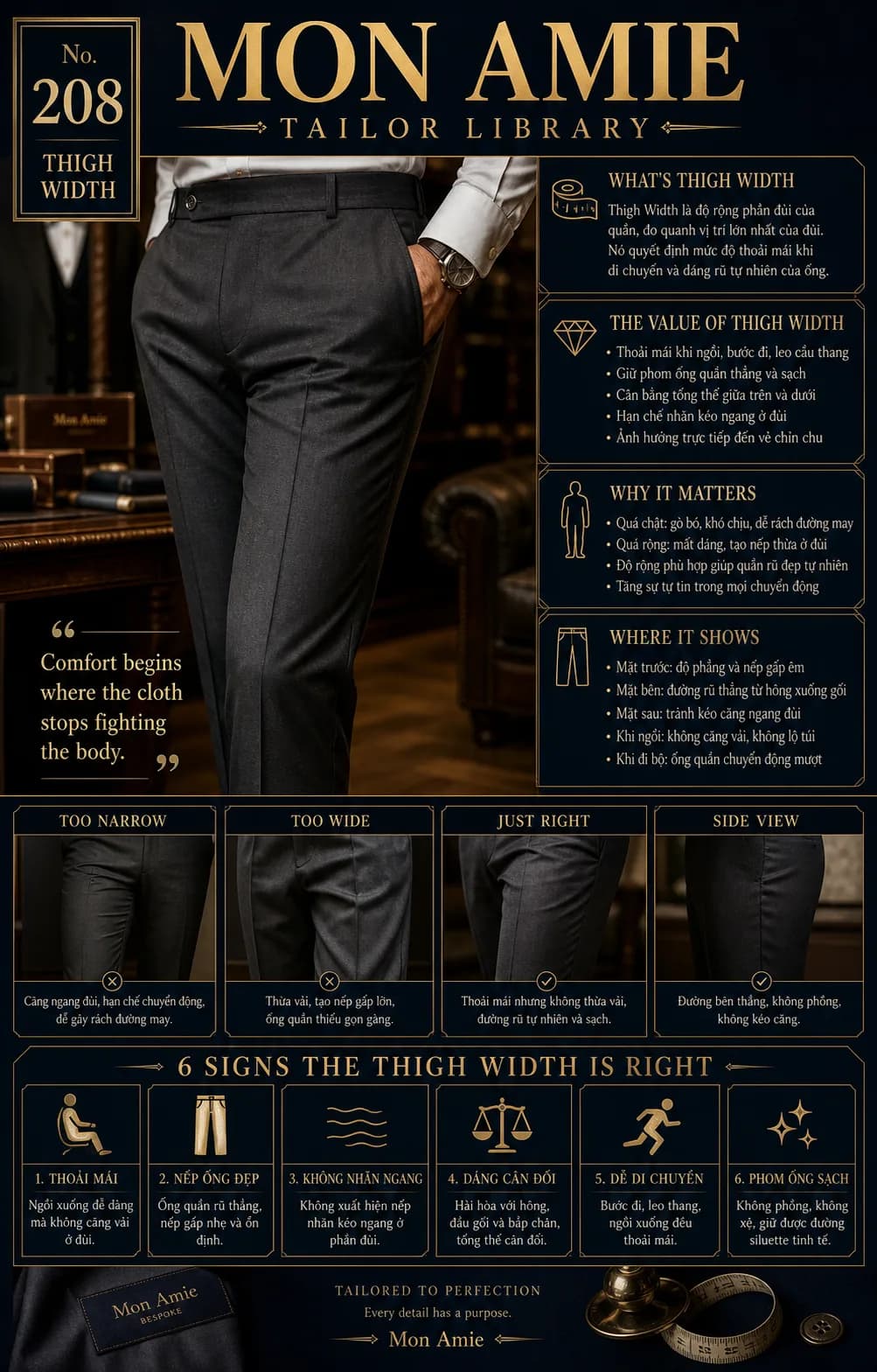 Mon Amie Tailor Library poster No. 208 on Thigh Width: charcoal dress trousers with a naturally straight, clean drape