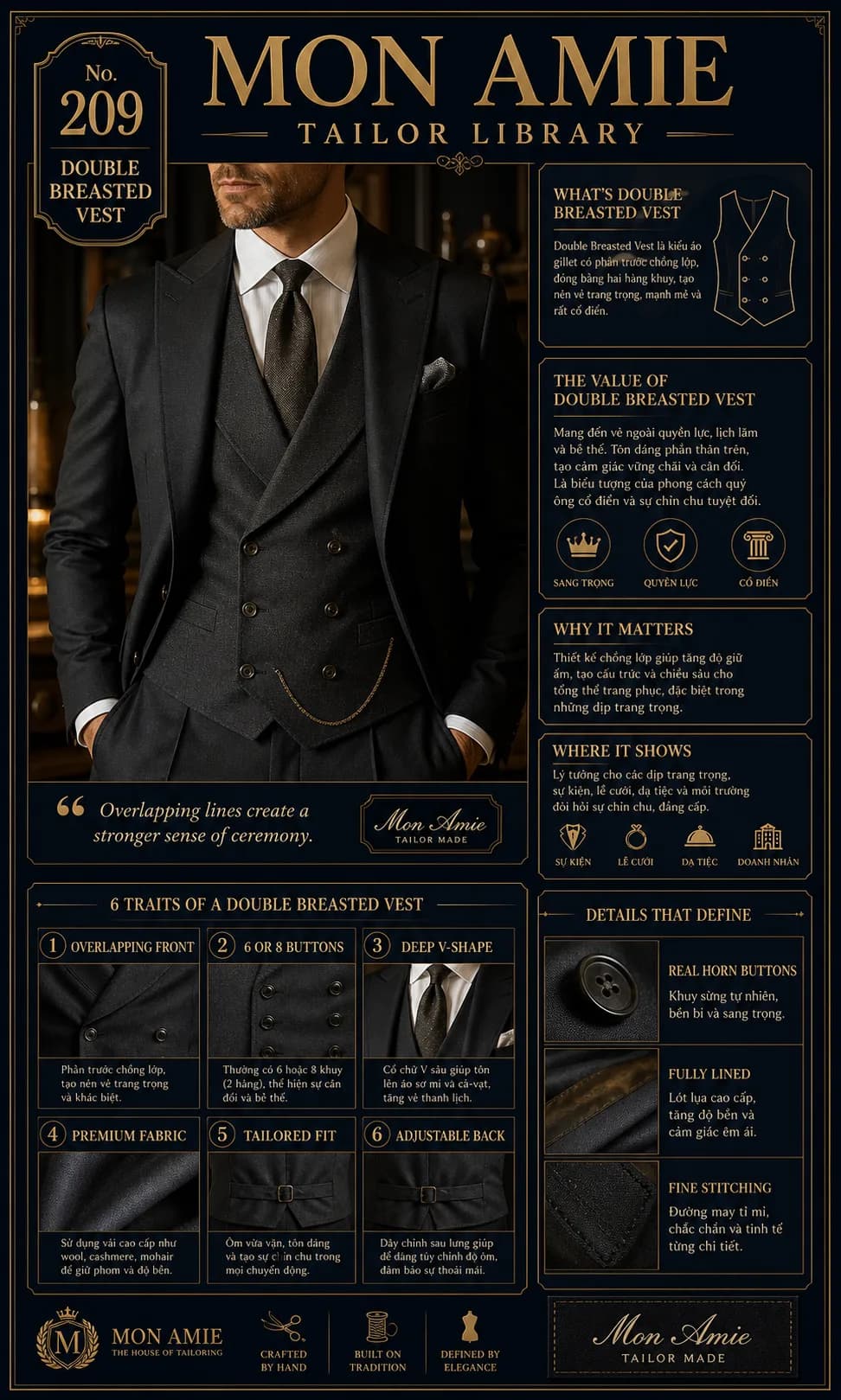 Mon Amie Tailor Library poster No. 209 on the Double Breasted Vest: a gentleman in a three-piece suit with a double breasted waistcoat and watch chain