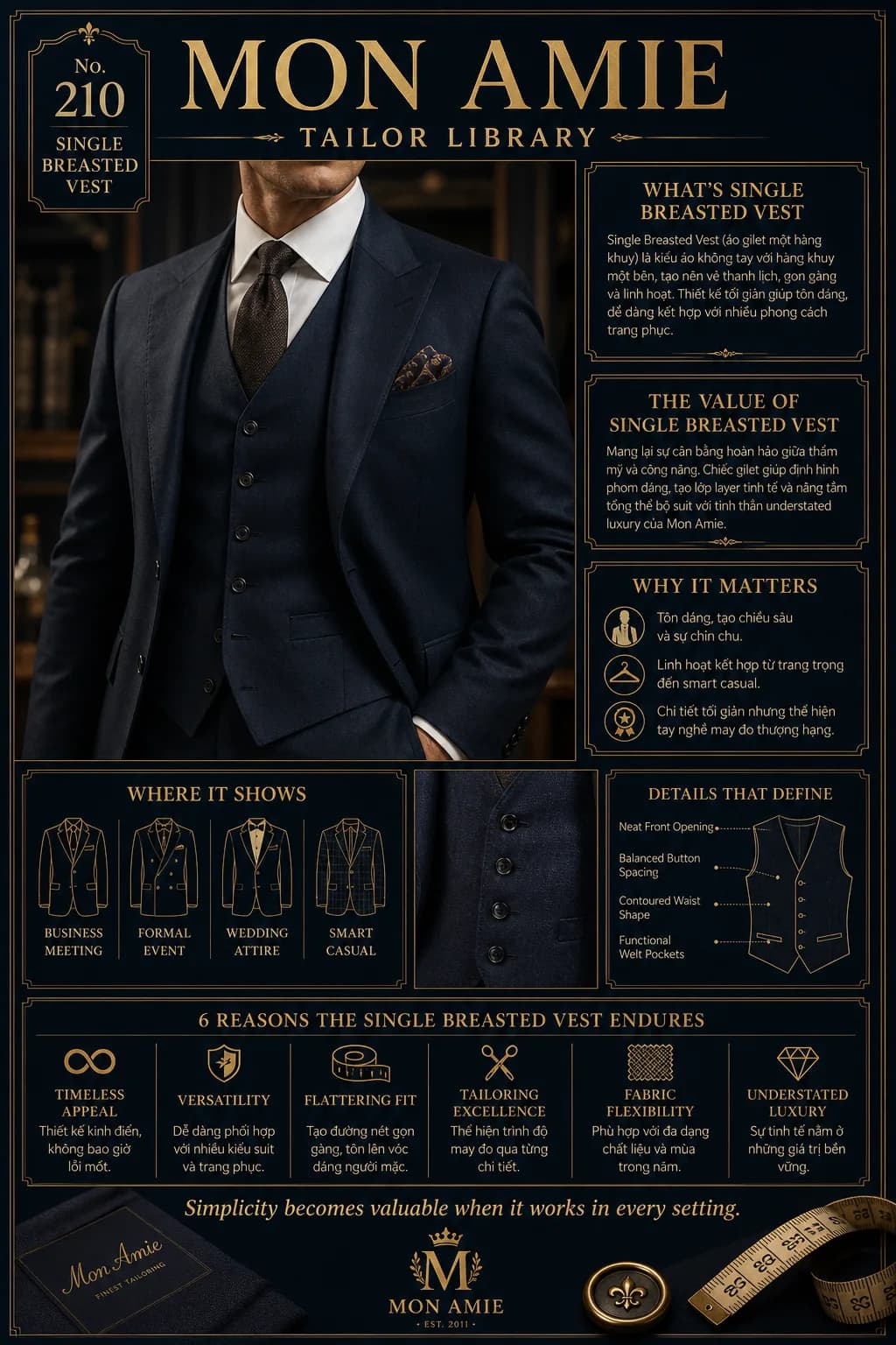 Poster Tailor Library số 210 của Mon Amie về Single Breasted Vest: áo gilet một hàng khuy trong bộ suit ba mảnh navy