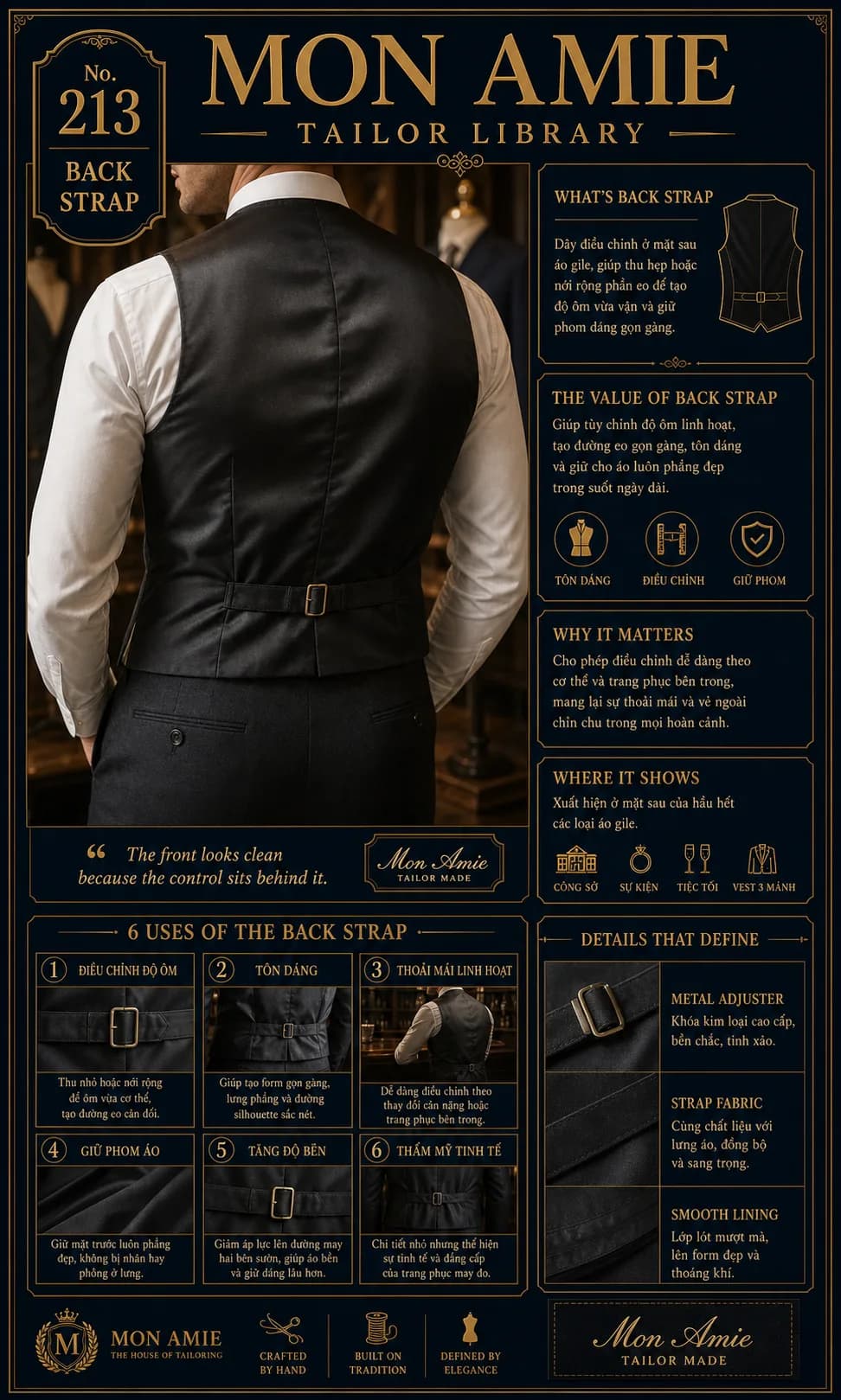 Poster Tailor Library số 213 của Mon Amie về Back Strap: dây chỉnh eo với khóa kim loại ở mặt sau áo gile đen