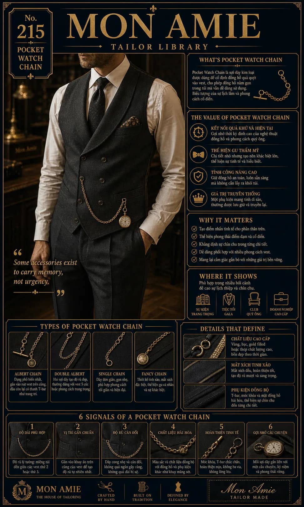 Mon Amie Tailor Library poster No. 215 on the pocket watch chain: a gentleman in a double-breasted waistcoat wearing a gold pocket watch chain