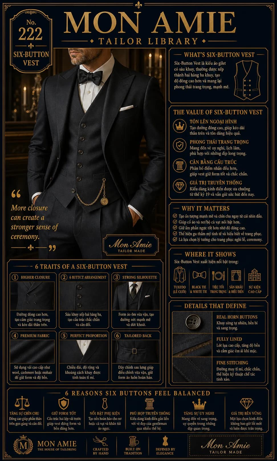 Mon Amie Tailor Library poster No. 222 on the six-button vest: a six-button waistcoat worn with a tuxedo and black bow tie