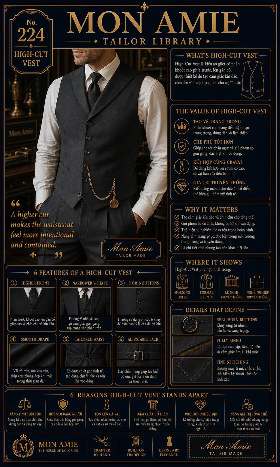 Mon Amie Tailor Library poster No. 224 on the high-cut vest: a waistcoat cut close to the collar, worn with a pocket watch chain