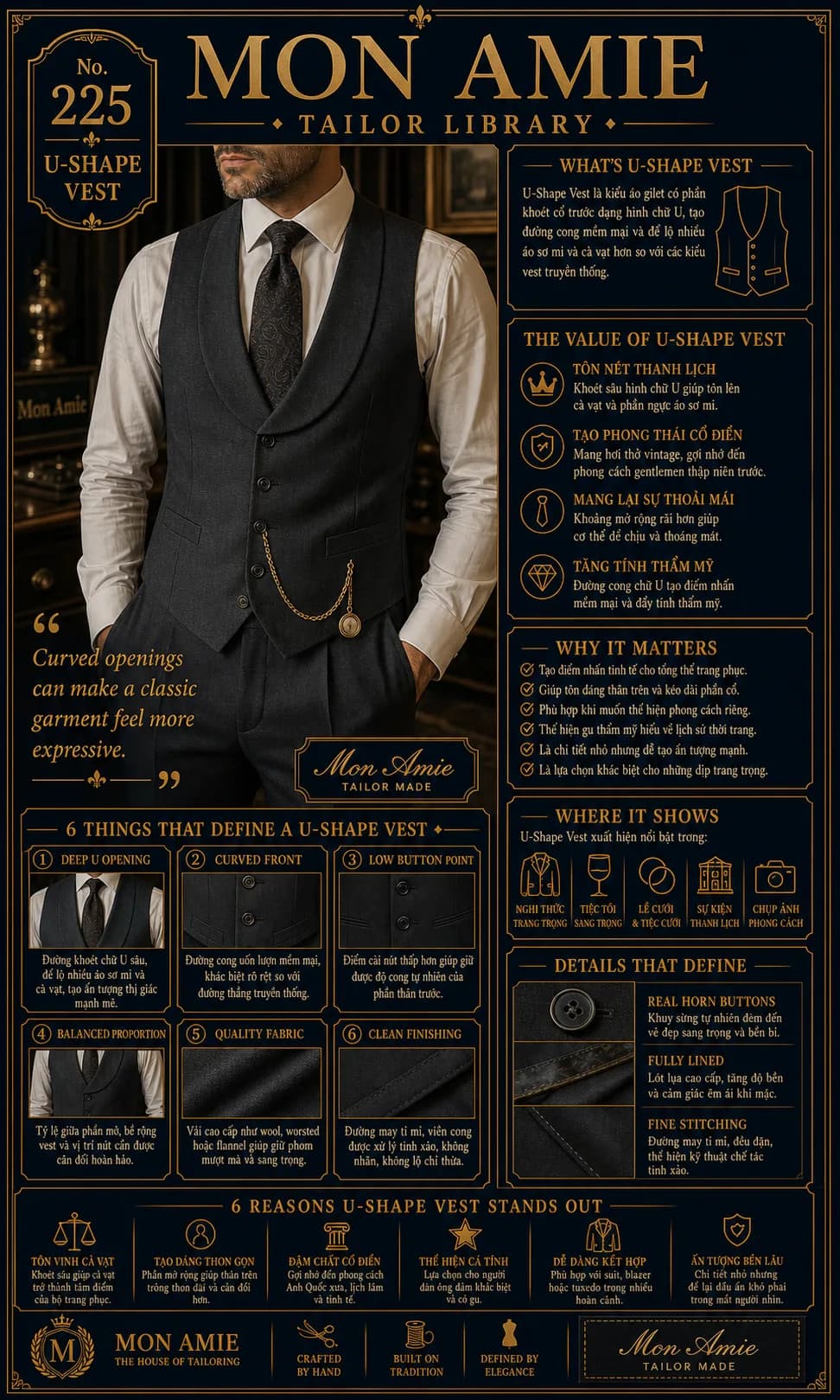 Mon Amie Tailor Library poster No. 225 on the U-shape vest: a gentleman in a U-cut waistcoat with a pocket watch chain