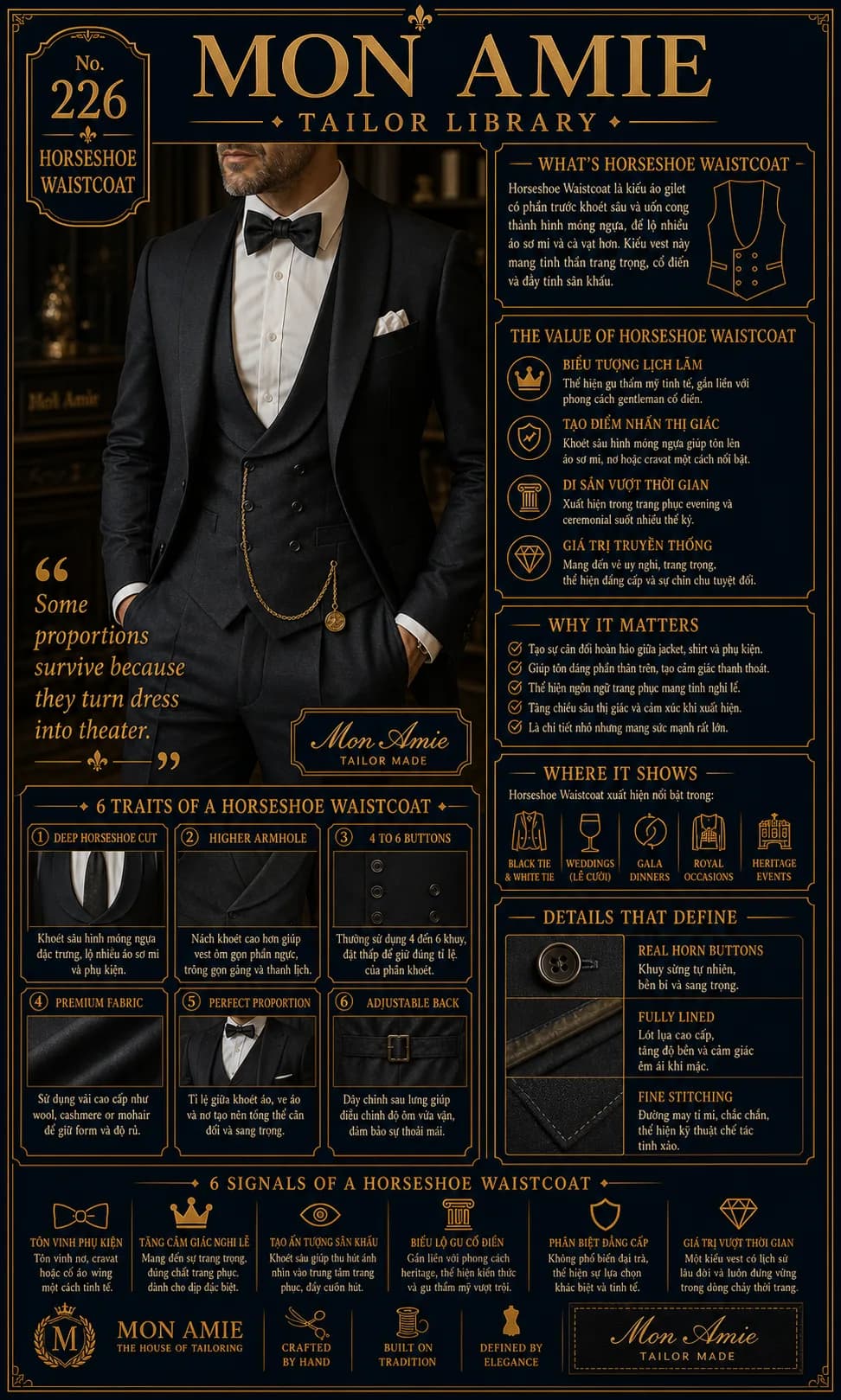Poster Tailor Library số 226 của Mon Amie về Horseshoe Waistcoat: quý ông mặc tuxedo với gilet móng ngựa và nơ đen