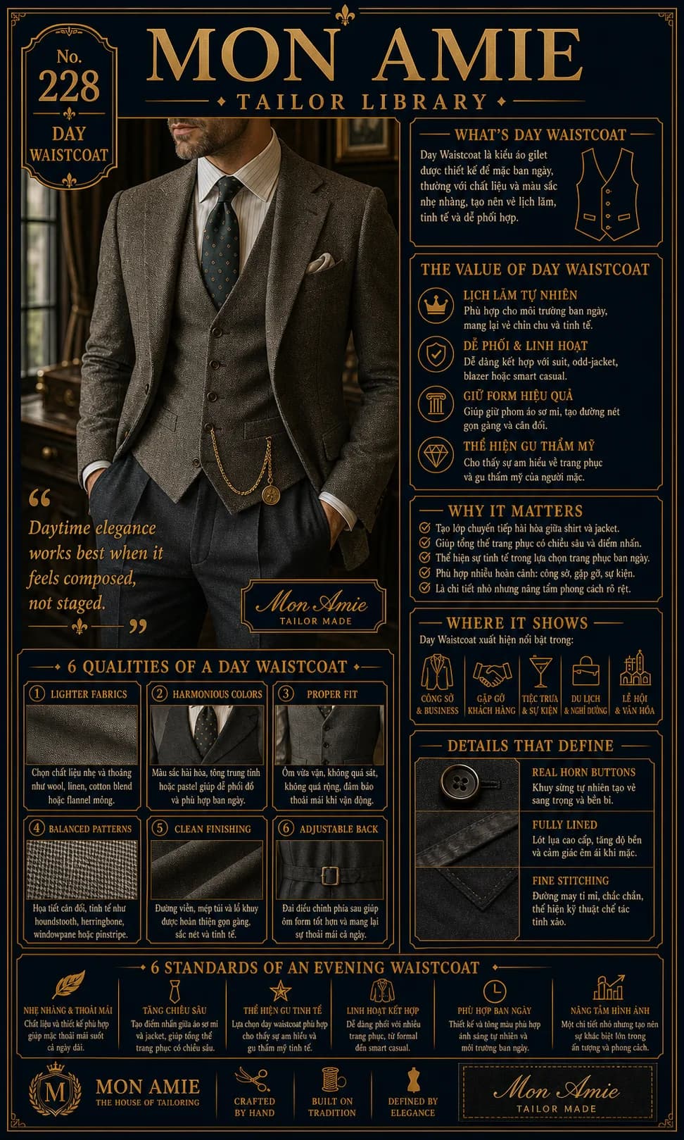 Poster Tailor Library số 228 của Mon Amie về Day Waistcoat: quý ông mặc gilet tweed nâu với cà vạt chấm bi ban ngày