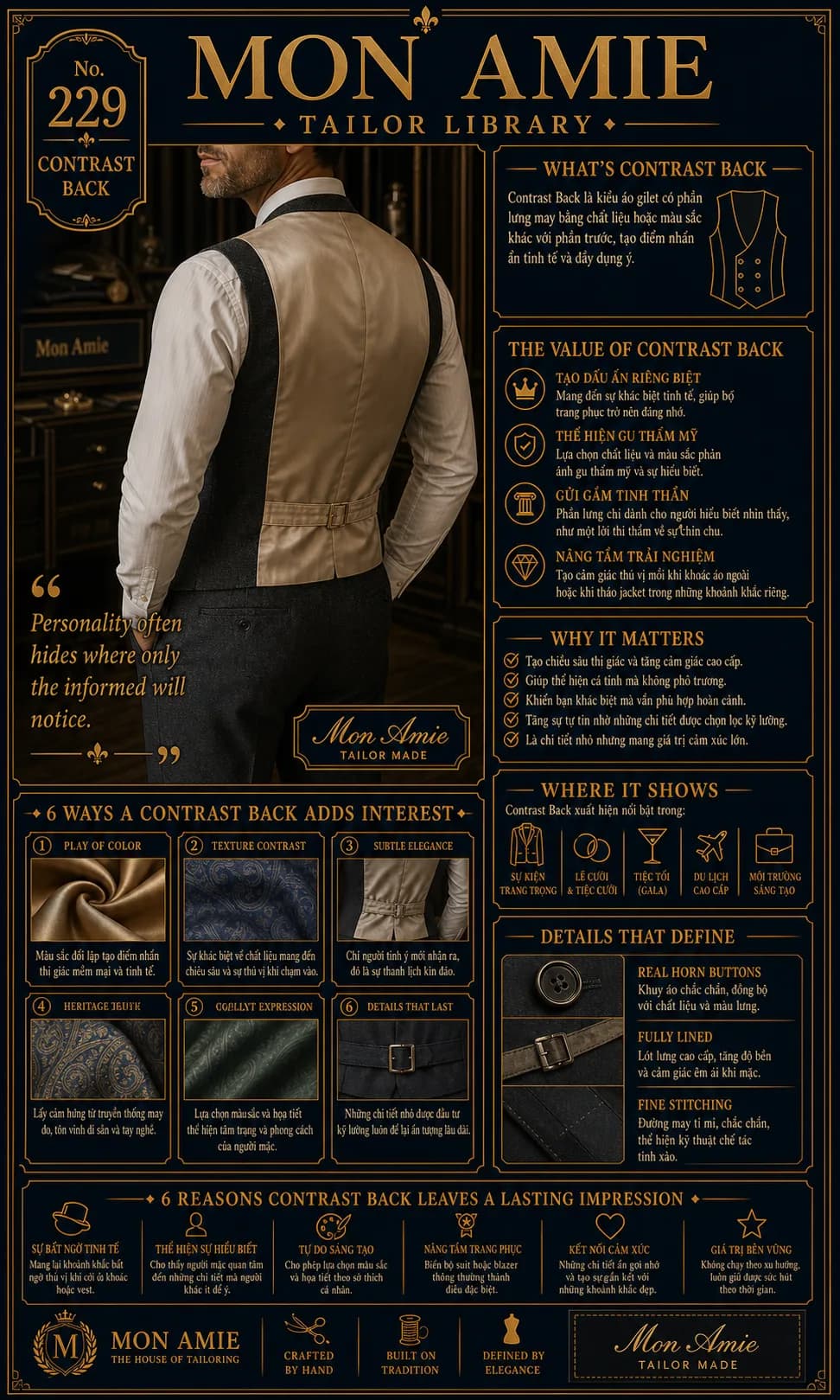 Mon Amie Tailor Library poster No. 229 on the contrast back: a beige waistcoat back set against a charcoal front