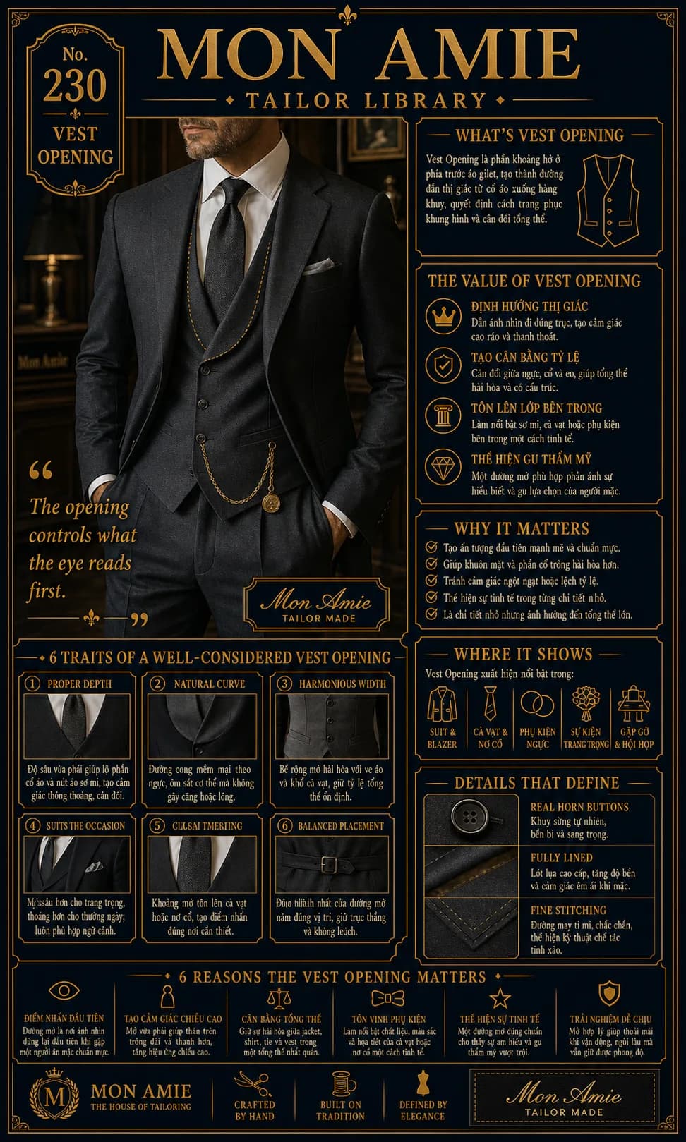 Poster Tailor Library số 230 của Mon Amie về Vest Opening: khoảng mở phía trước áo gilet trong bộ suit ba mảnh
