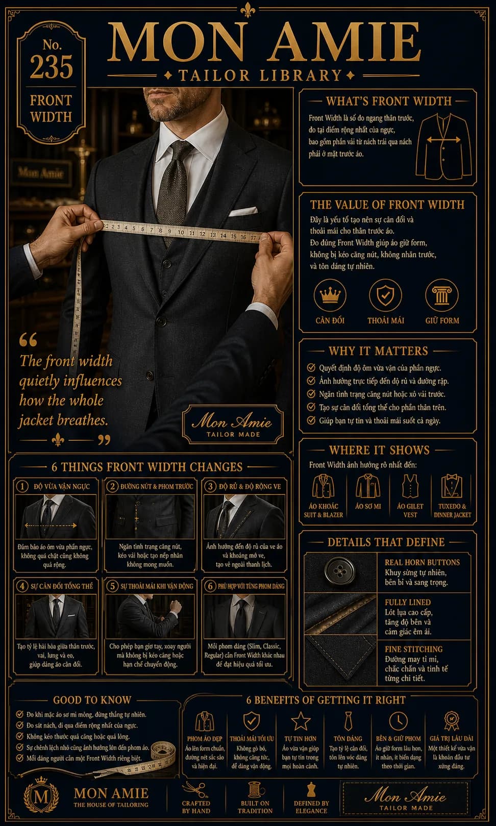 Mon Amie Tailor Library poster No. 235 on Front Width: an artisan taking the across-front measurement with a tape measure