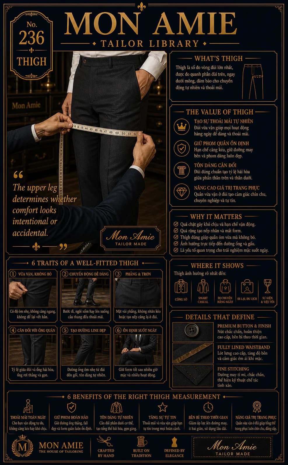 Poster Tailor Library số 236 của Mon Amie về Thigh: nghệ nhân đo vòng đùi cho khách bằng thước dây