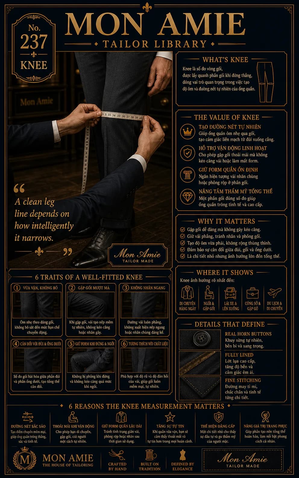 Poster Tailor Library số 237 của Mon Amie về Knee: nghệ nhân đo vòng gối cho khách bằng thước dây