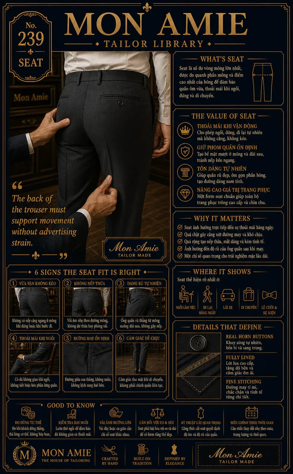 Poster Tailor Library số 239 của Mon Amie về Seat: nghệ nhân chỉnh phần thân sau quần tây cho khách