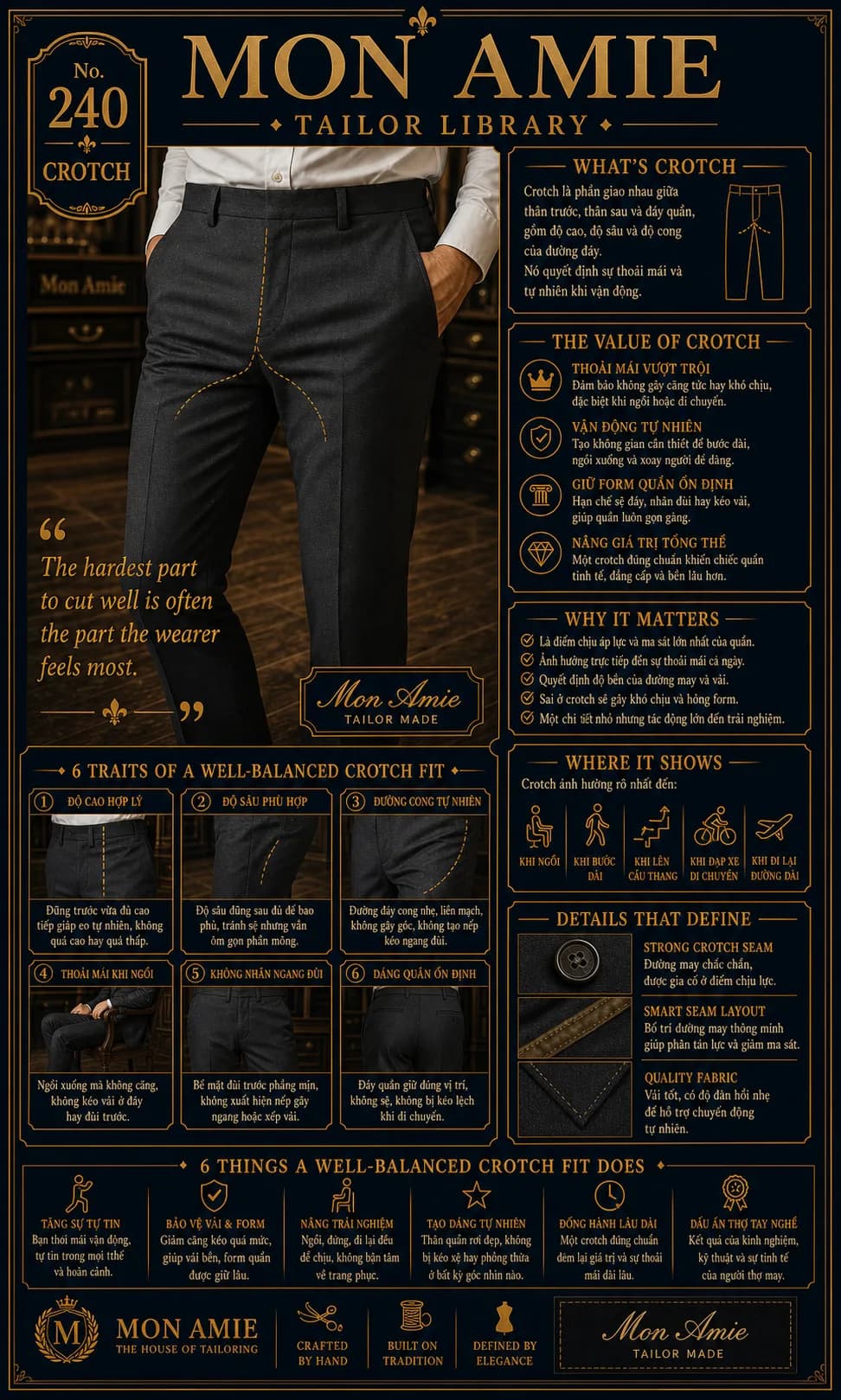 Poster Tailor Library số 240 của Mon Amie về crotch: cấu trúc đáy quần và 6 dấu hiệu của một crotch cân bằng