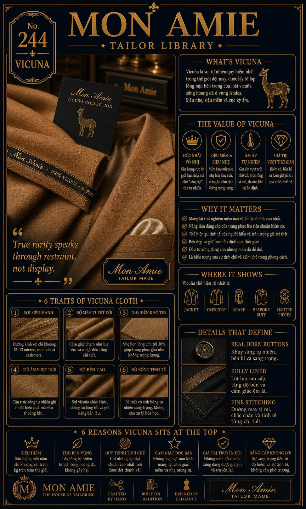Poster Tailor Library số 244 của Mon Amie về vicuña: vải màu nâu vàng đặc trưng và 6 đặc tính của sợi vicuña