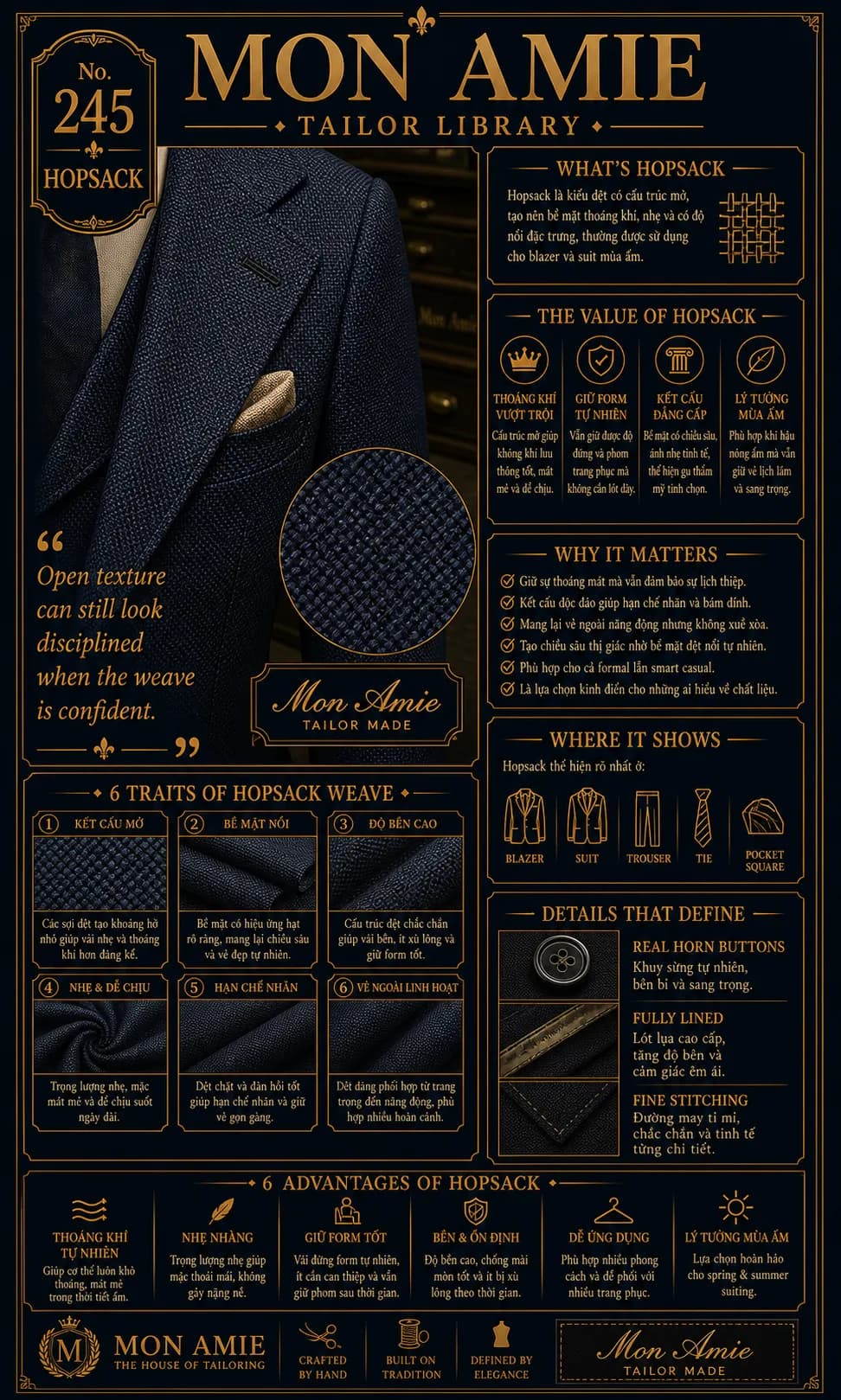 Mon Amie Tailor Library poster No. 245 on hopsack: an open, breathable weave used for warm-weather blazers and suits