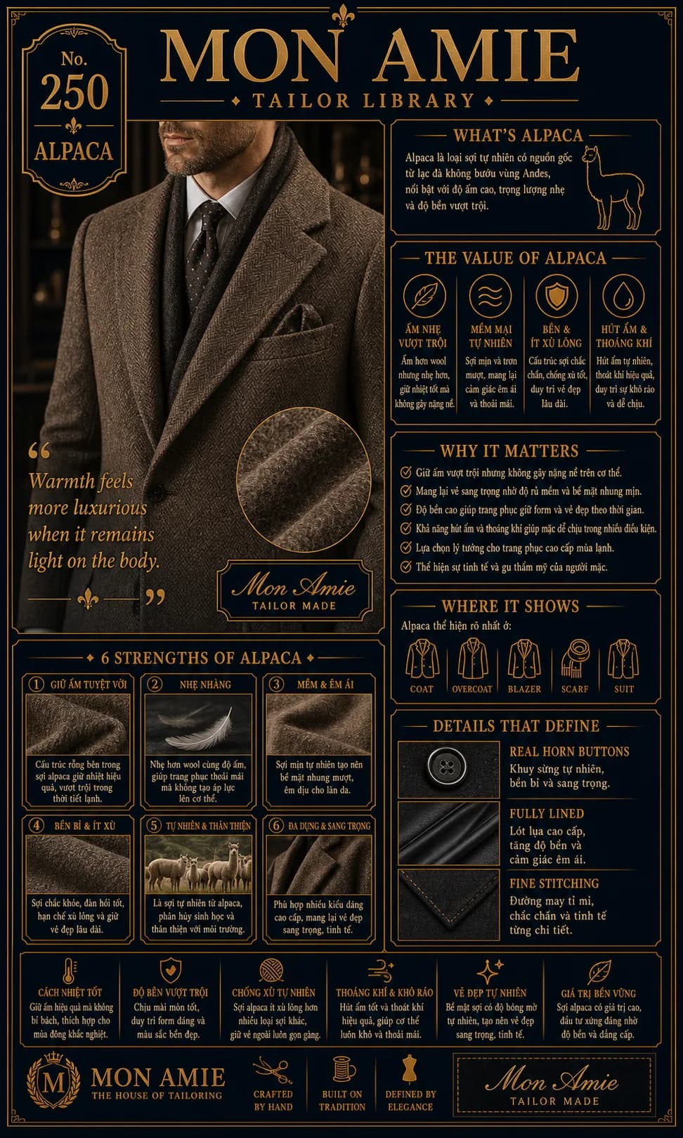 Poster Tailor Library số 250 của Mon Amie về Alpaca: sợi lông lạc đà không bướu vùng Andes cho áo khoác cao cấp