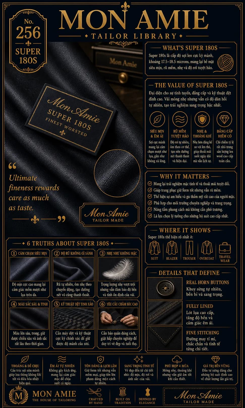 Poster Tailor Library số 256 của Mon Amie về Super 180s: vải worsted thượng hạng cùng sáu sự thật về cấp sợi len cực mảnh