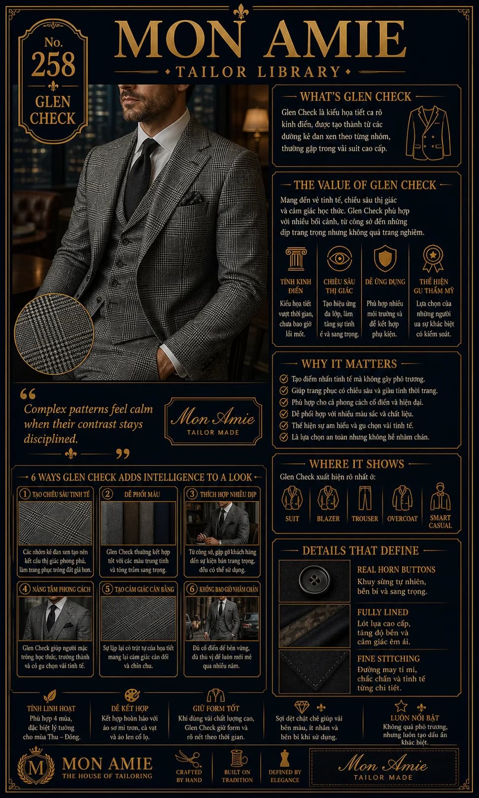 Mon Amie Tailor Library poster No. 258 on glen check: a grey three-piece check suit with six ways the pattern adds intellect to an outfit