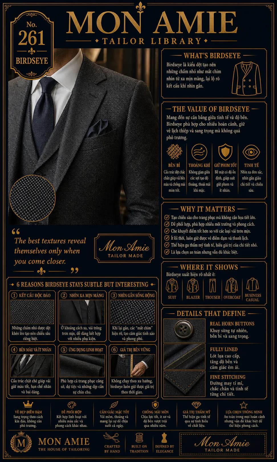 Poster Tailor Library số 261 của Mon Amie về Birdseye: kiểu dệt chấm nhỏ như mắt chim trên vải suit
