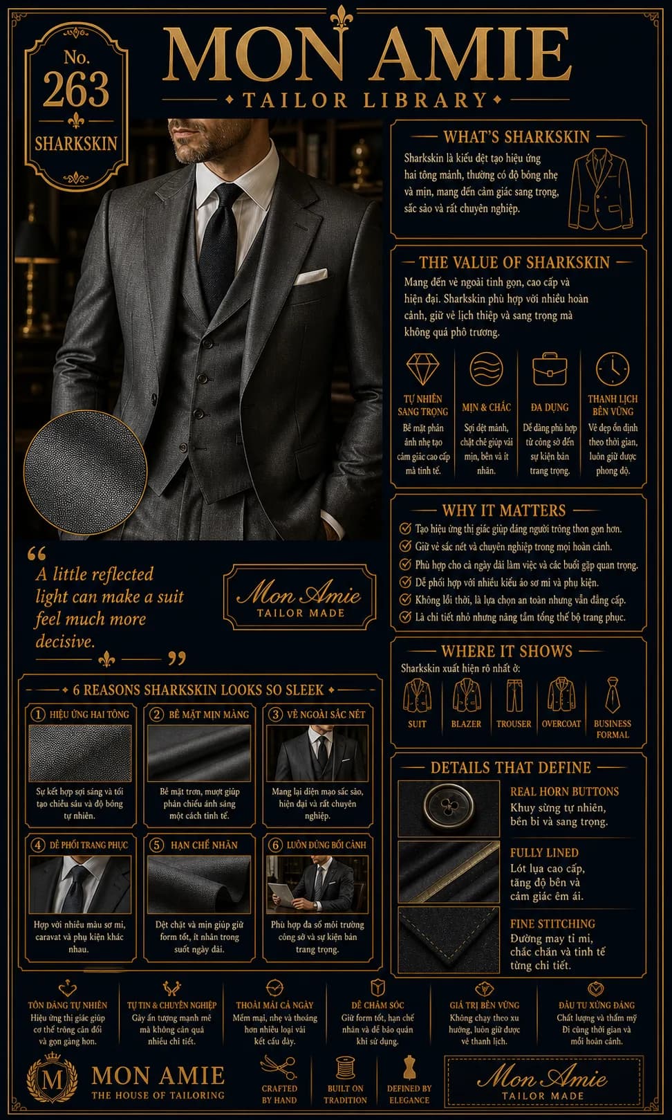 Poster Tailor Library số 263 của Mon Amie về Sharkskin: kiểu dệt hai tông bóng nhẹ trên vải suit xám