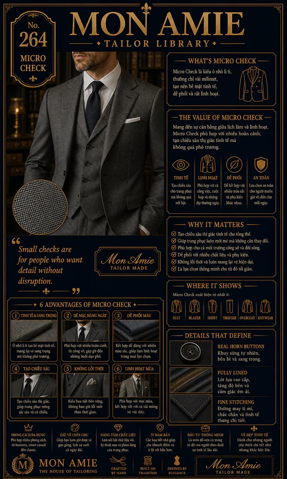 Mon Amie Tailor Library poster No. 264 on Micro Check: a few-millimetre check pattern woven into suiting cloth
