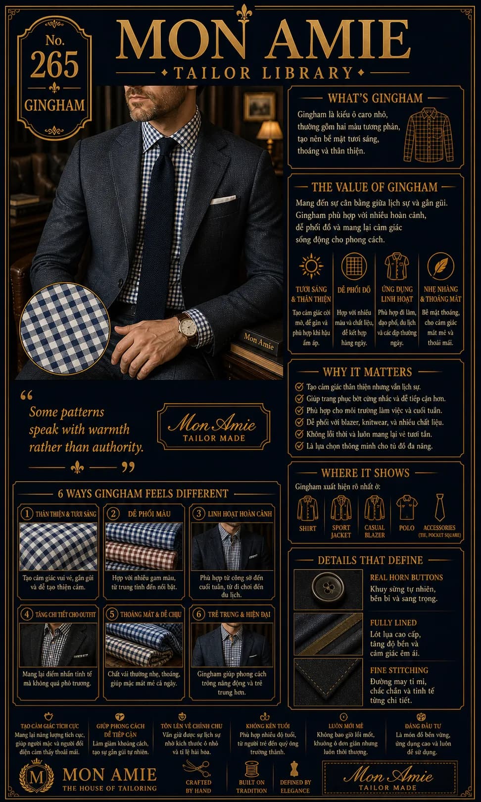 Mon Amie Tailor Library poster No. 265 on Gingham: a small two-colour check shirt worn with a navy suit