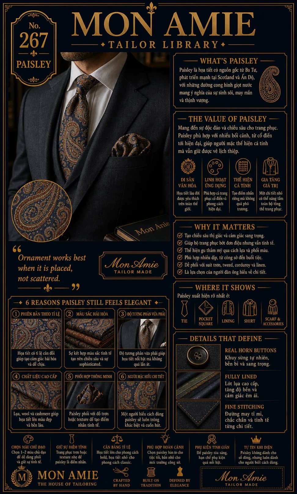 Poster Tailor Library số 267 của Mon Amie về Paisley: cà vạt và khăn túi ngực họa tiết giọt nước trên nền suit xám đậm