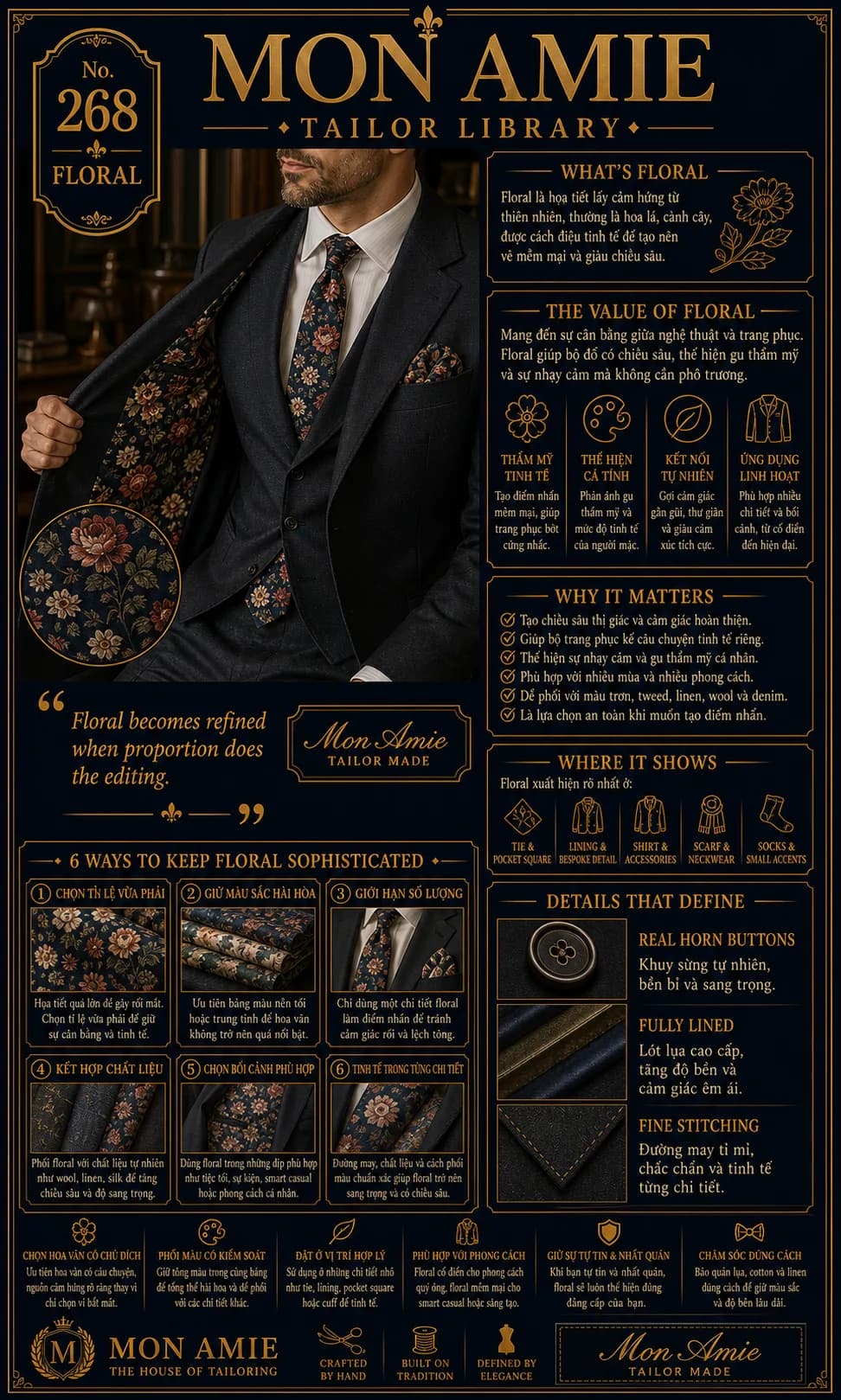 Poster Tailor Library số 268 của Mon Amie về Floral: lớp lót hoa văn hoa lá bên trong suit đậm màu cùng cà vạt floral