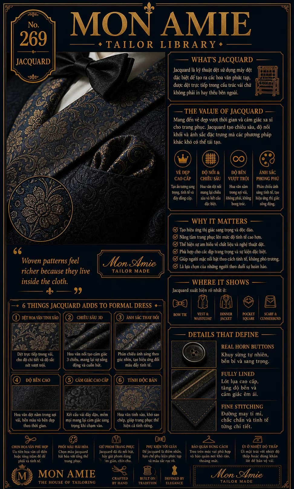 Poster Tailor Library số 269 của Mon Amie về Jacquard: dinner jacket hoa văn dệt ánh vàng trên nền navy cùng nơ đen