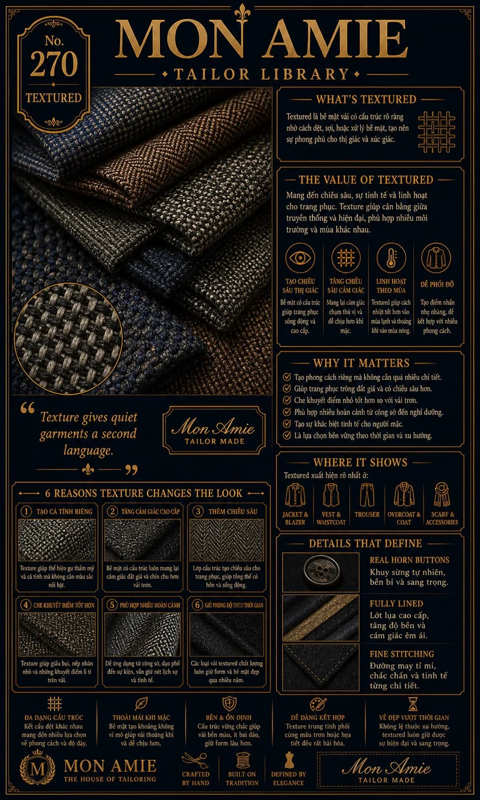 Poster Tailor Library số 270 của Mon Amie về vải textured: các cuộn vải dệt cấu trúc tông navy, nâu, xám cùng lợi ích của bề mặt vải có texture