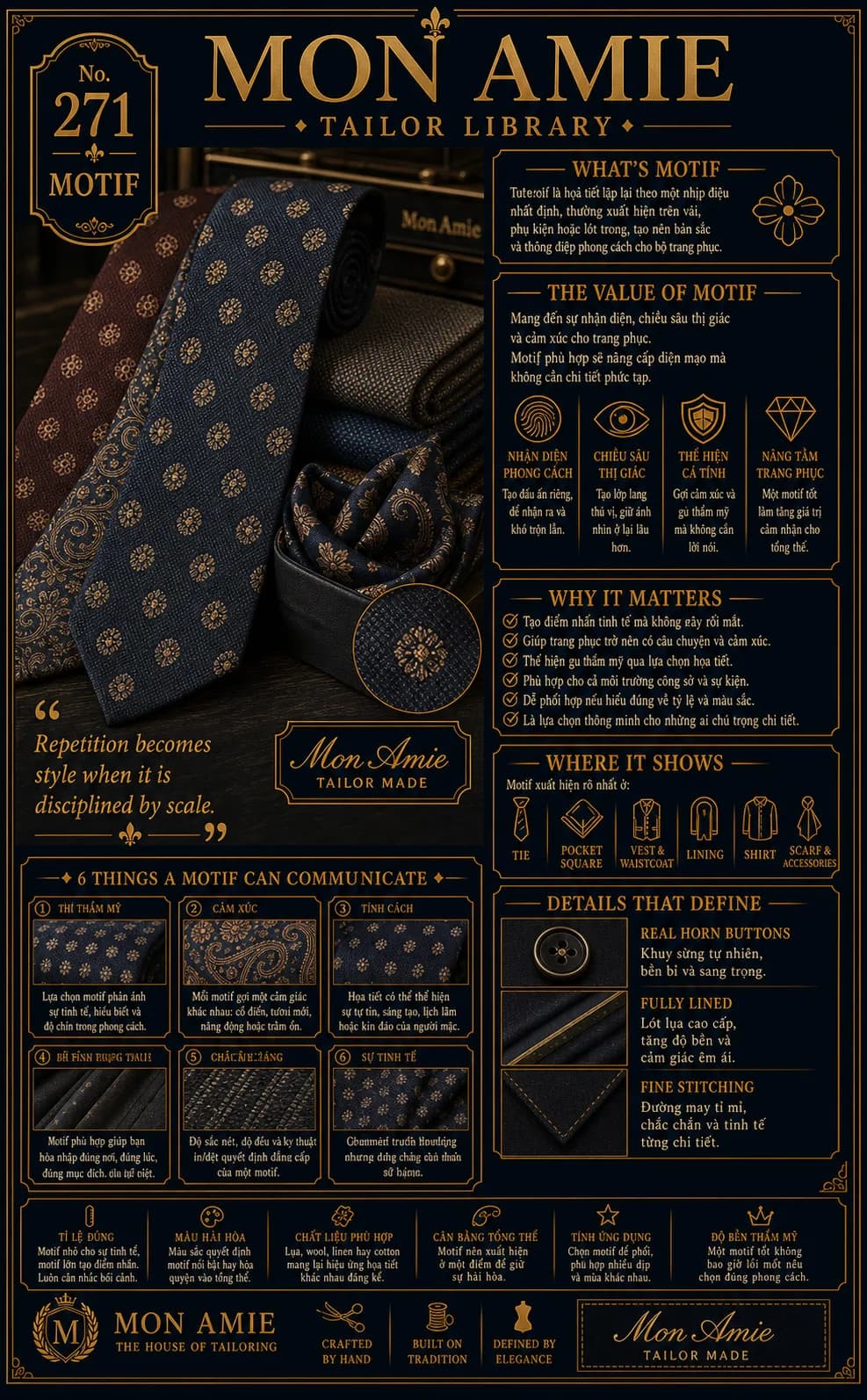 Poster Tailor Library số 271 của Mon Amie về motif: cà vạt và khăn túi họa tiết hoa văn cổ điển tông navy, nâu đỏ cùng giá trị của họa tiết lặp