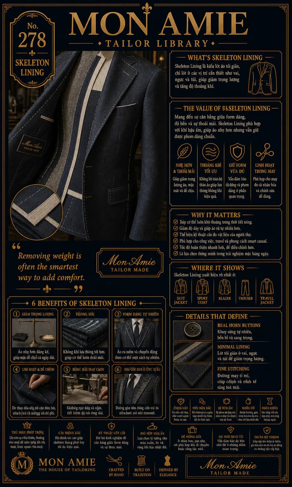 Poster Tailor Library số 278 của Mon Amie về Skeleton Lining: mặt trong áo suit navy lộ kết cấu lót bán phần tối giản