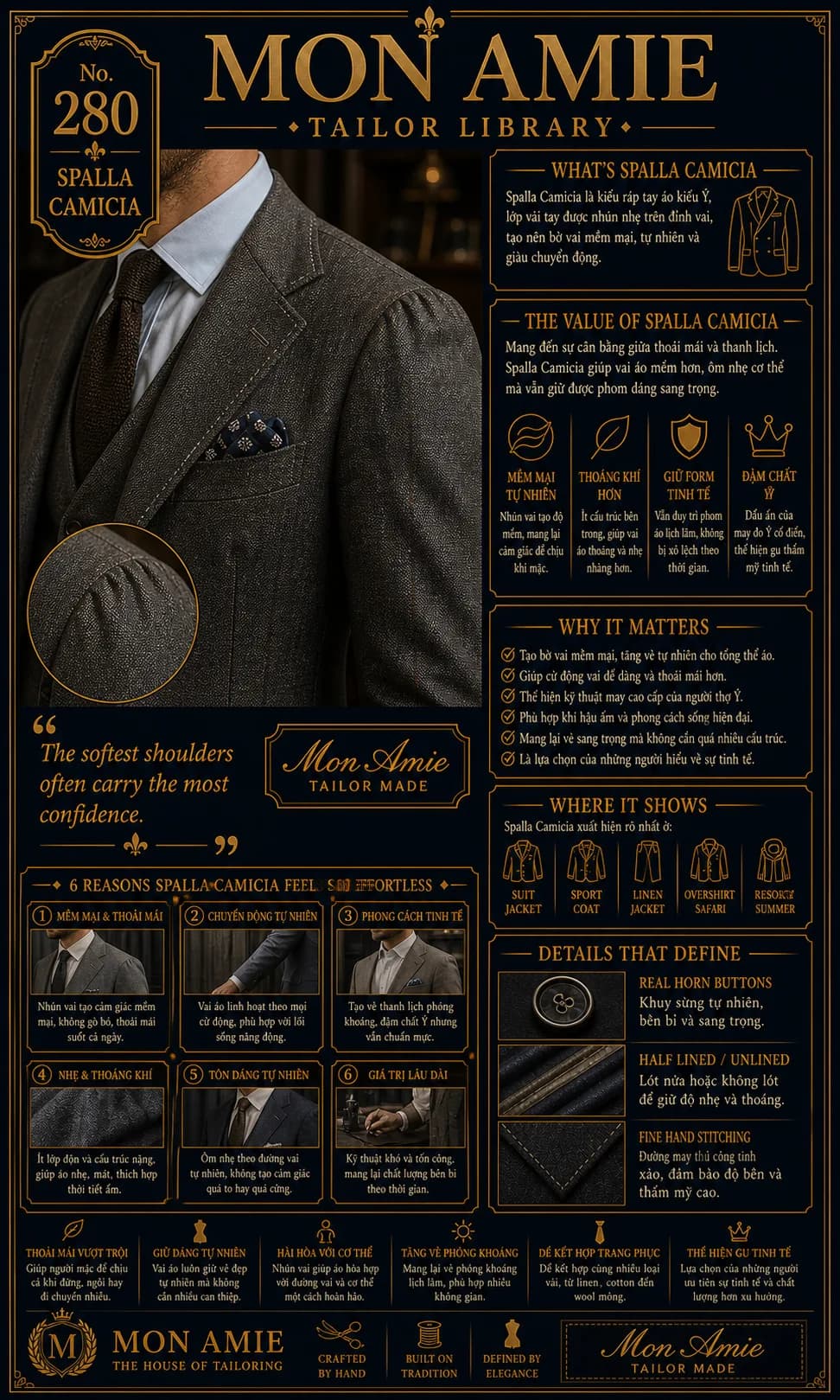 Poster Tailor Library số 280 của Mon Amie về Spalla Camicia: kỹ thuật ráp vai áo kiểu Ý mềm mại