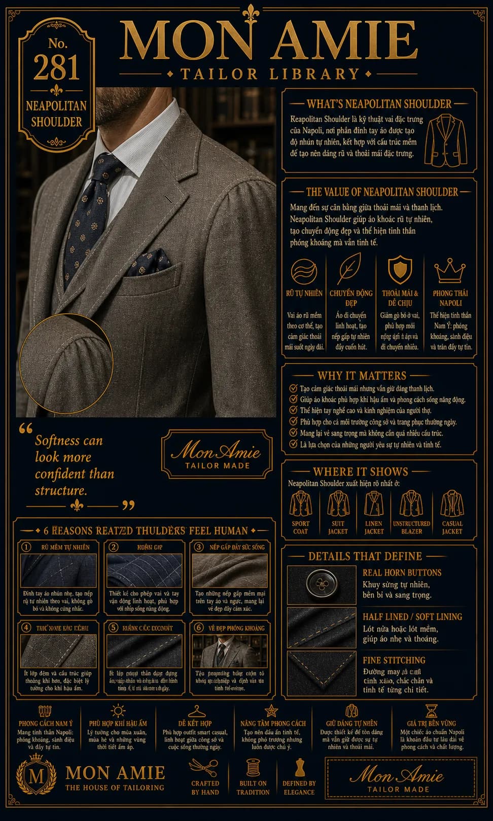 Poster Tailor Library số 281 của Mon Amie về Neapolitan Shoulder: bờ vai Napoli rũ mềm tự nhiên