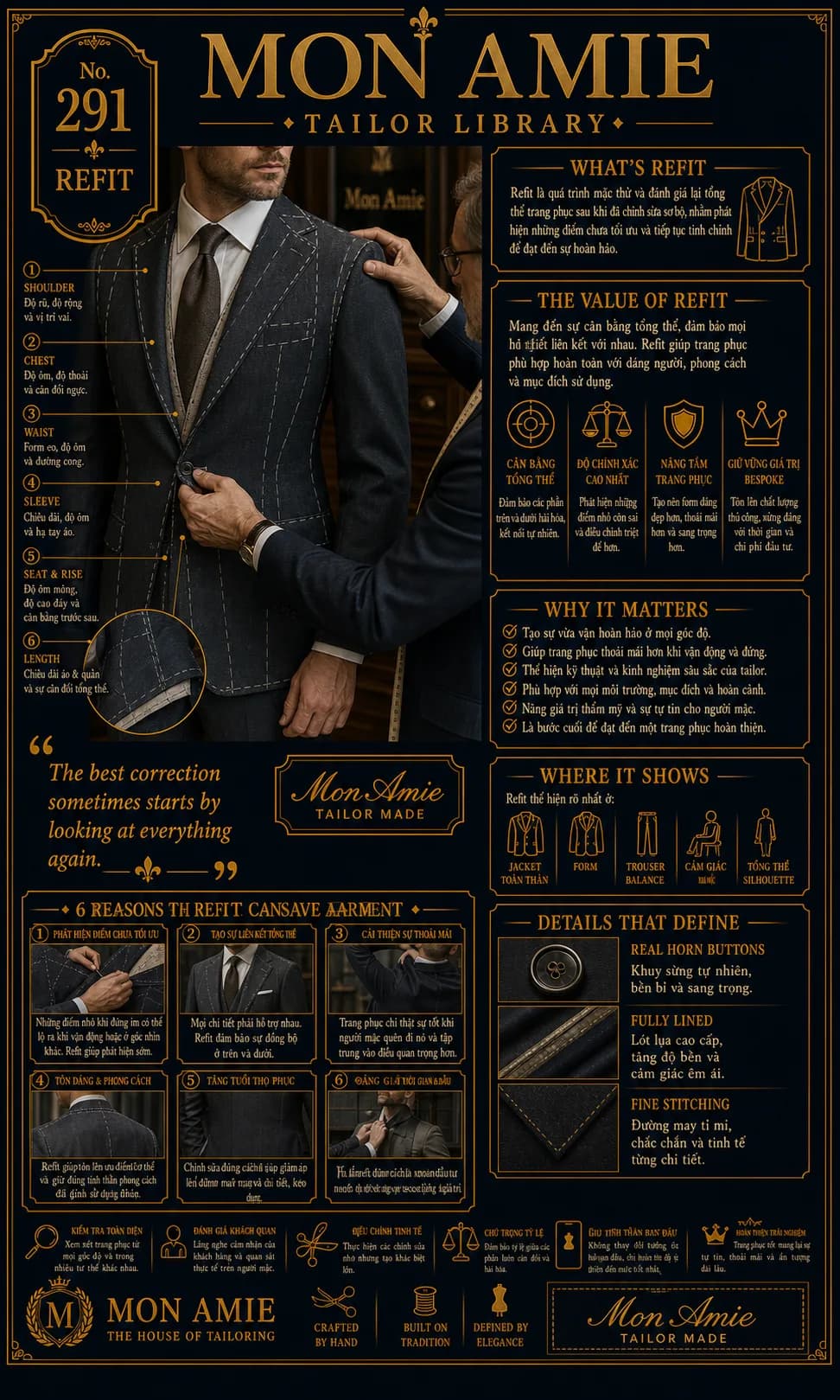 Mon Amie Tailor Library poster No. 291 on the refit: an artisan checking a jacket shoulder on a client during a fitting