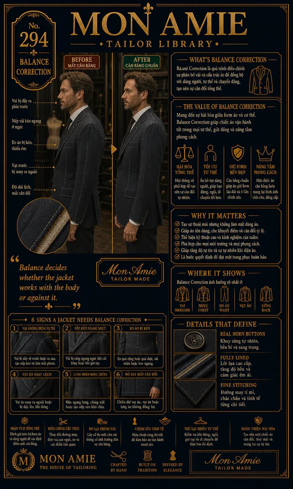 Mon Amie Tailor Library poster No. 294 on balance correction: a jacket before and after balancing, on the same wearer
