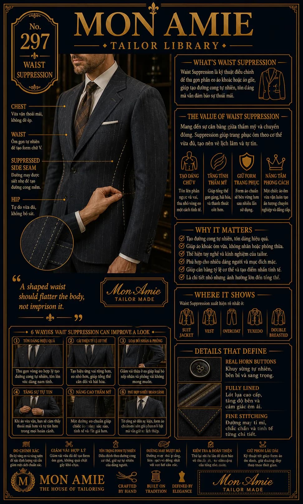 Poster Tailor Library số 297 của Mon Amie về waist suppression: các vùng ngực, eo, sườn và hông trên áo vest kẻ sọc