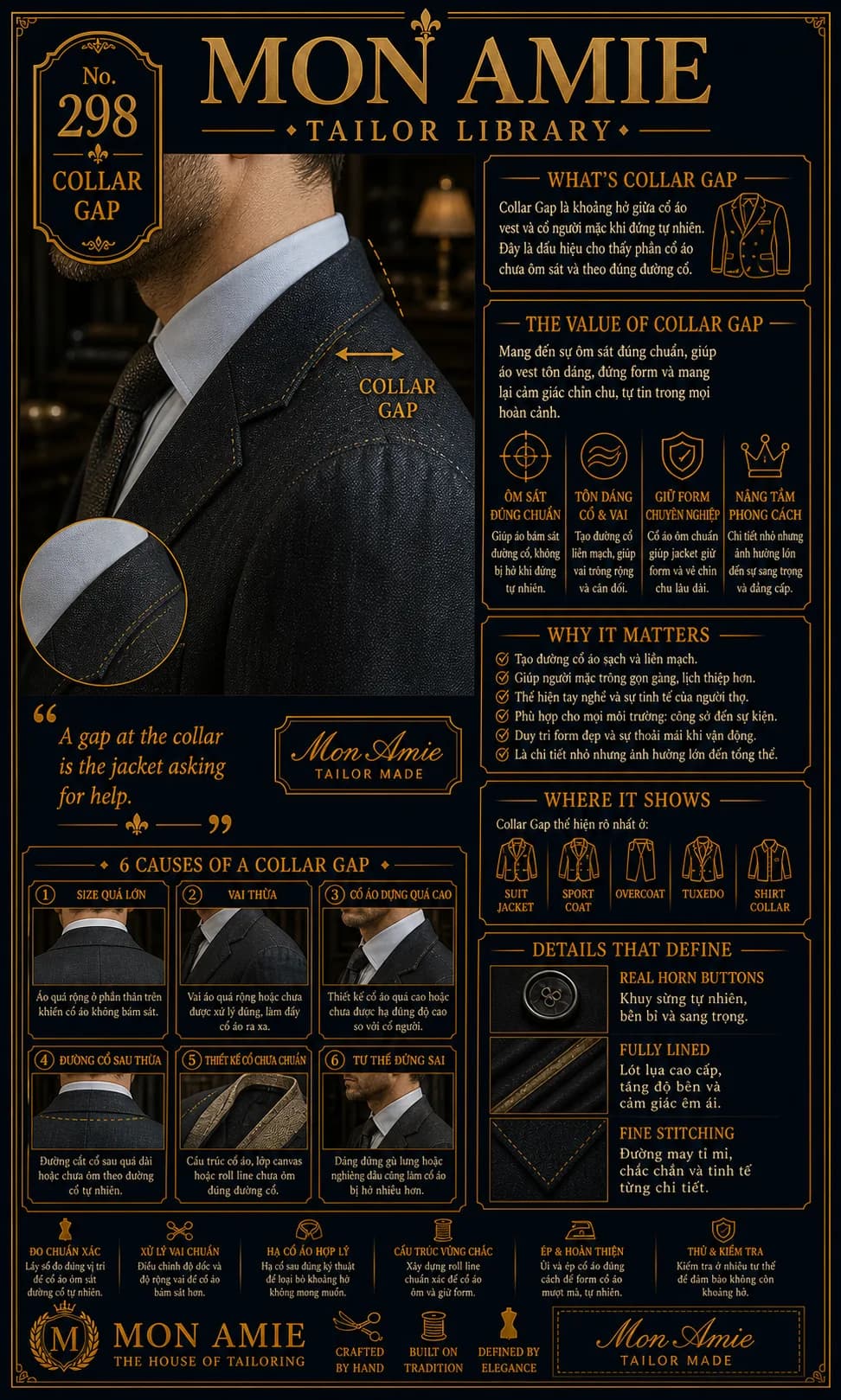 Poster Tailor Library số 298 của Mon Amie về collar gap: khoảng hở giữa cổ áo vest và cổ sơ mi người mặc