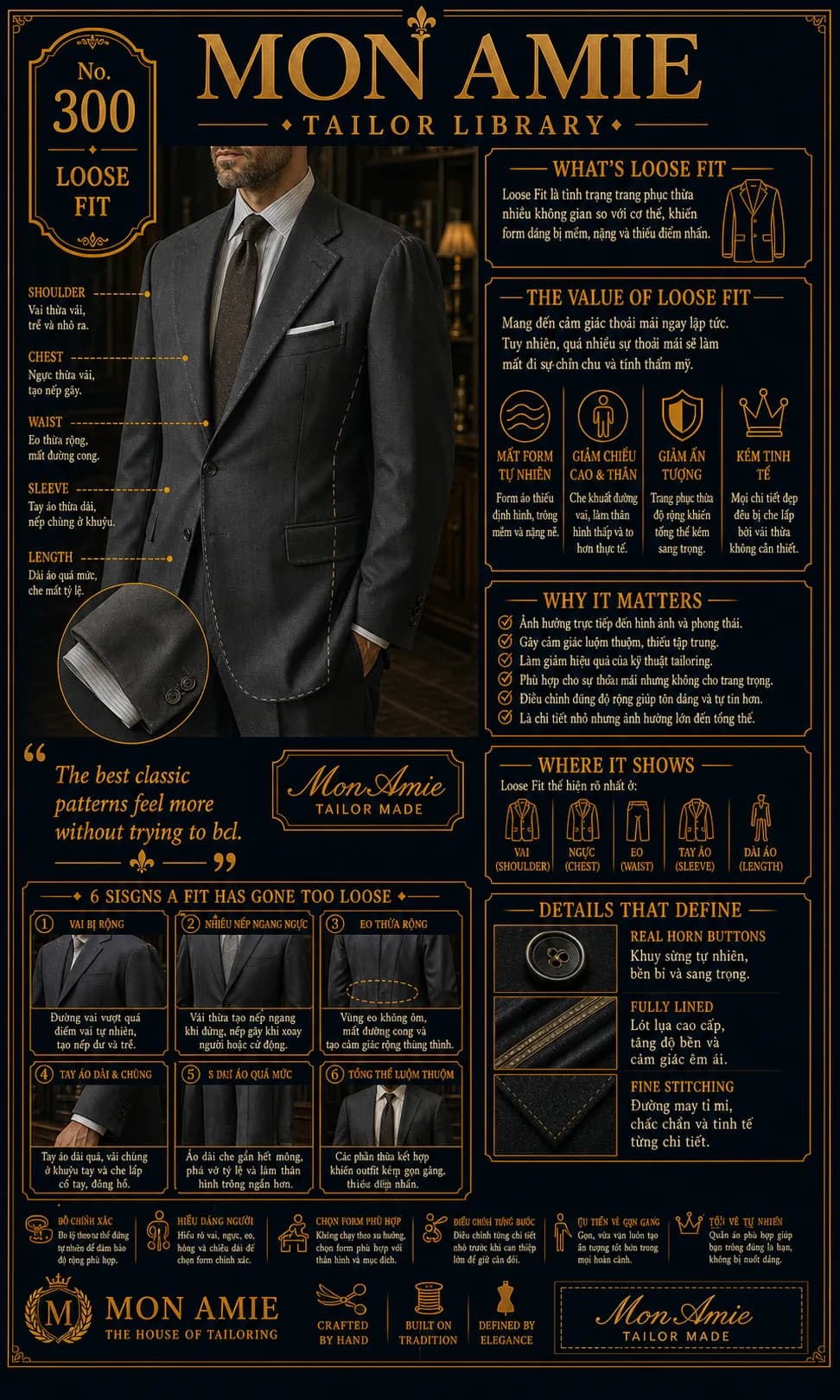 Poster Tailor Library số 300 của Mon Amie về Loose Fit: nhận diện bộ suit quá rộng ở vai, ngực, eo, tay áo và độ dài áo