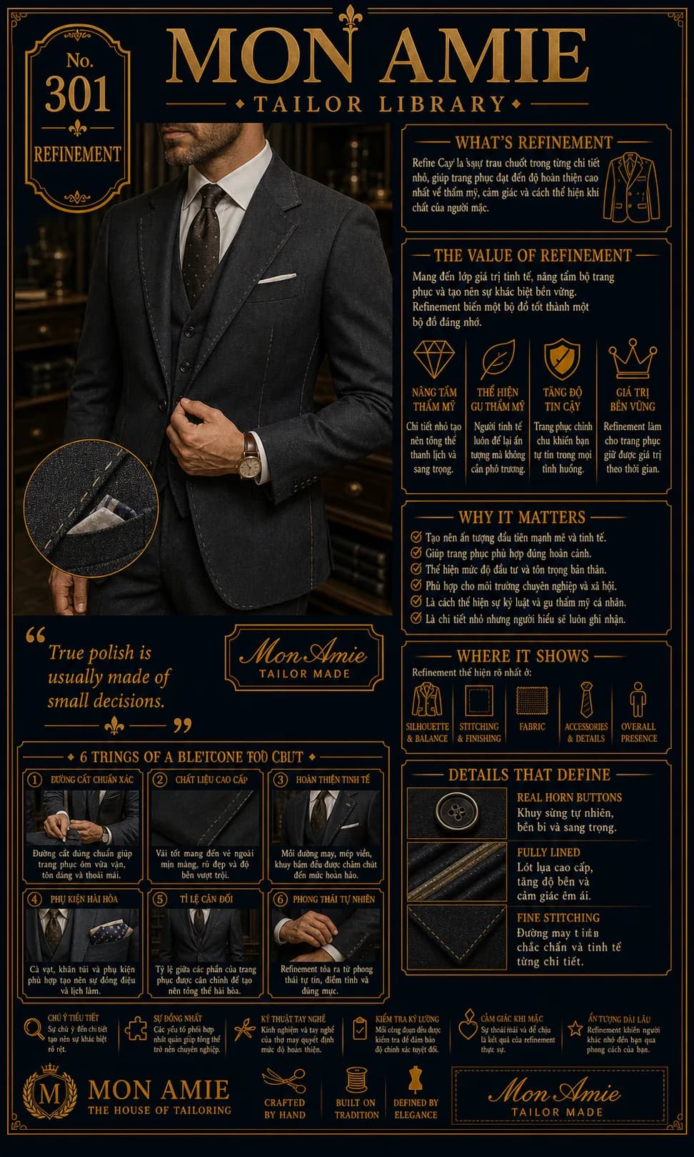 Mon Amie Tailor Library poster No. 301 on refinement: attention to detail in made-to-measure suits