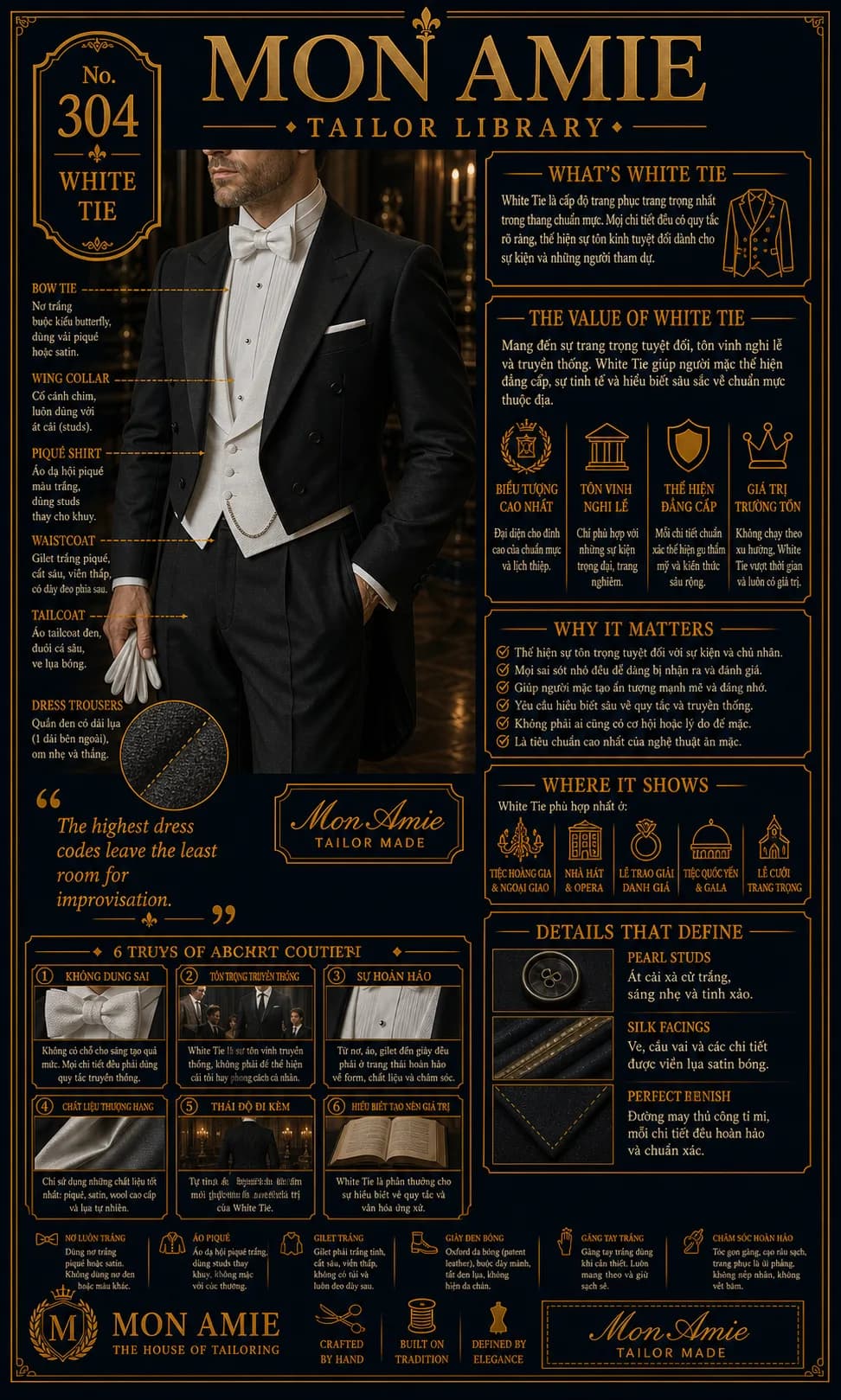 Poster Tailor Library số 304 của Mon Amie về White Tie: tailcoat, gilet trắng và nơ trắng cho nghi lễ trang trọng nhất