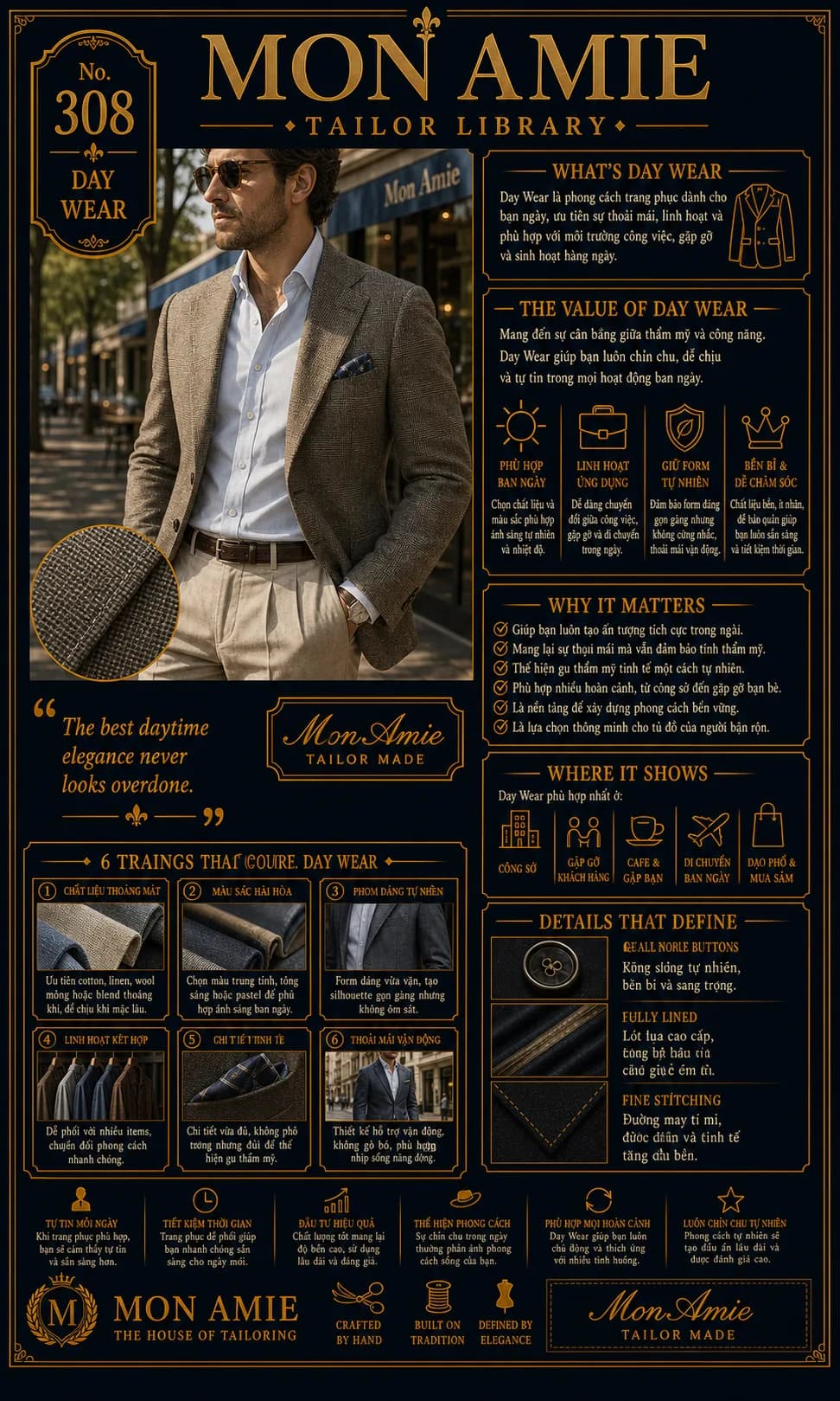 Poster Tailor Library số 308 của Mon Amie về Day Wear: quý ông mặc blazer kẻ ô nâu, sơ mi trắng, quần beige dạo phố trước showroom