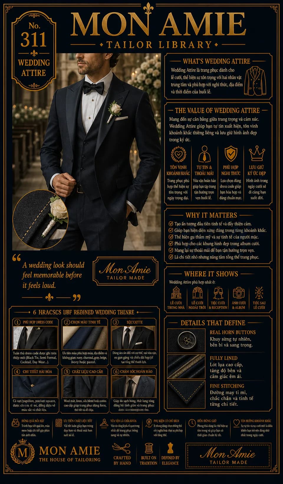 Poster Tailor Library số 311 của Mon Amie về Wedding Attire: bộ vest ba mảnh navy, nơ đen và hoa cài áo trong lễ cưới