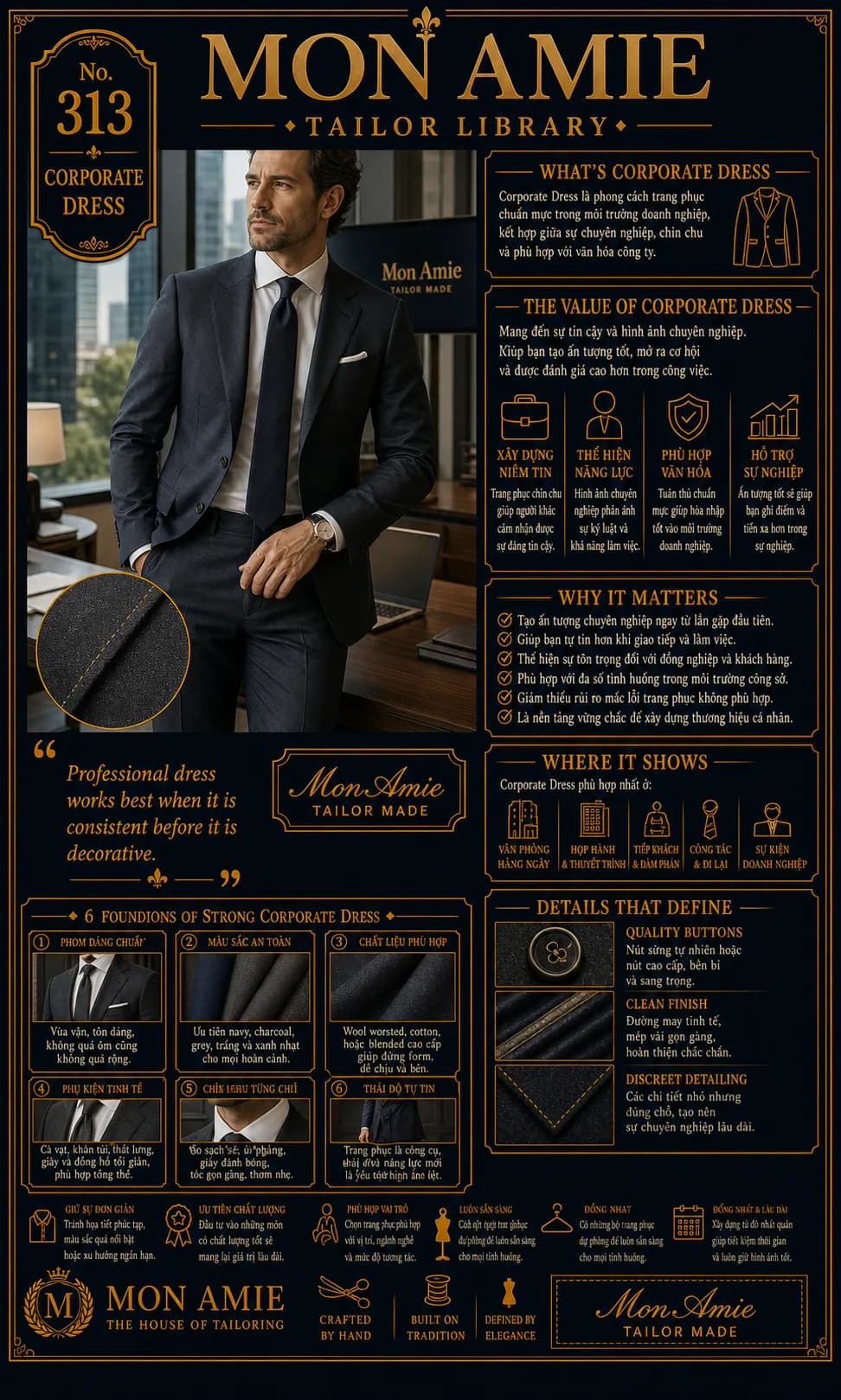 Poster Tailor Library số 313 của Mon Amie về Corporate Dress: nam giới mặc vest navy, sơ mi trắng và cà vạt sẫm tại văn phòng