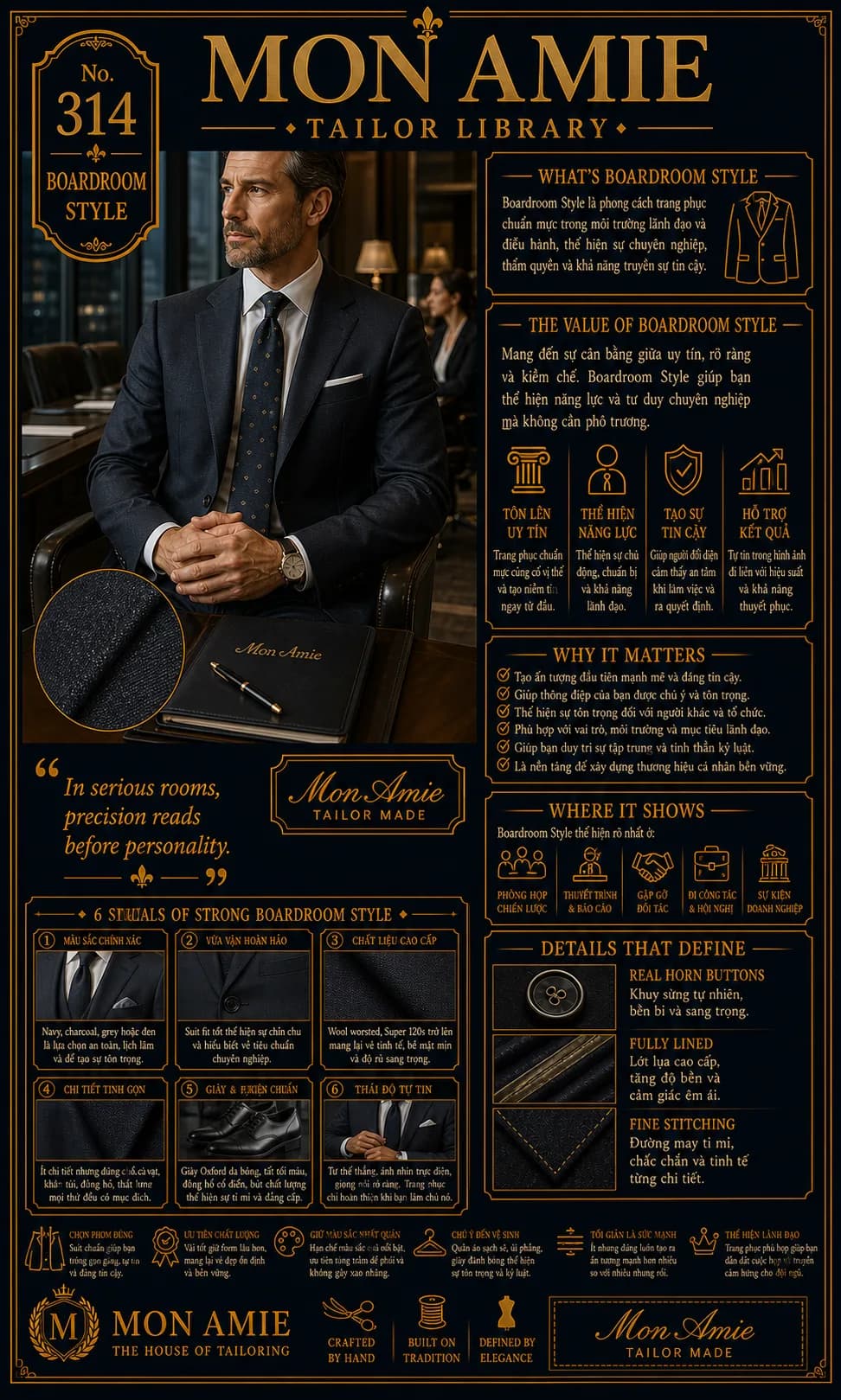 Poster Tailor Library số 314 của Mon Amie về Boardroom Style: nam giới mặc vest navy sẫm ngồi trong phòng họp điều hành