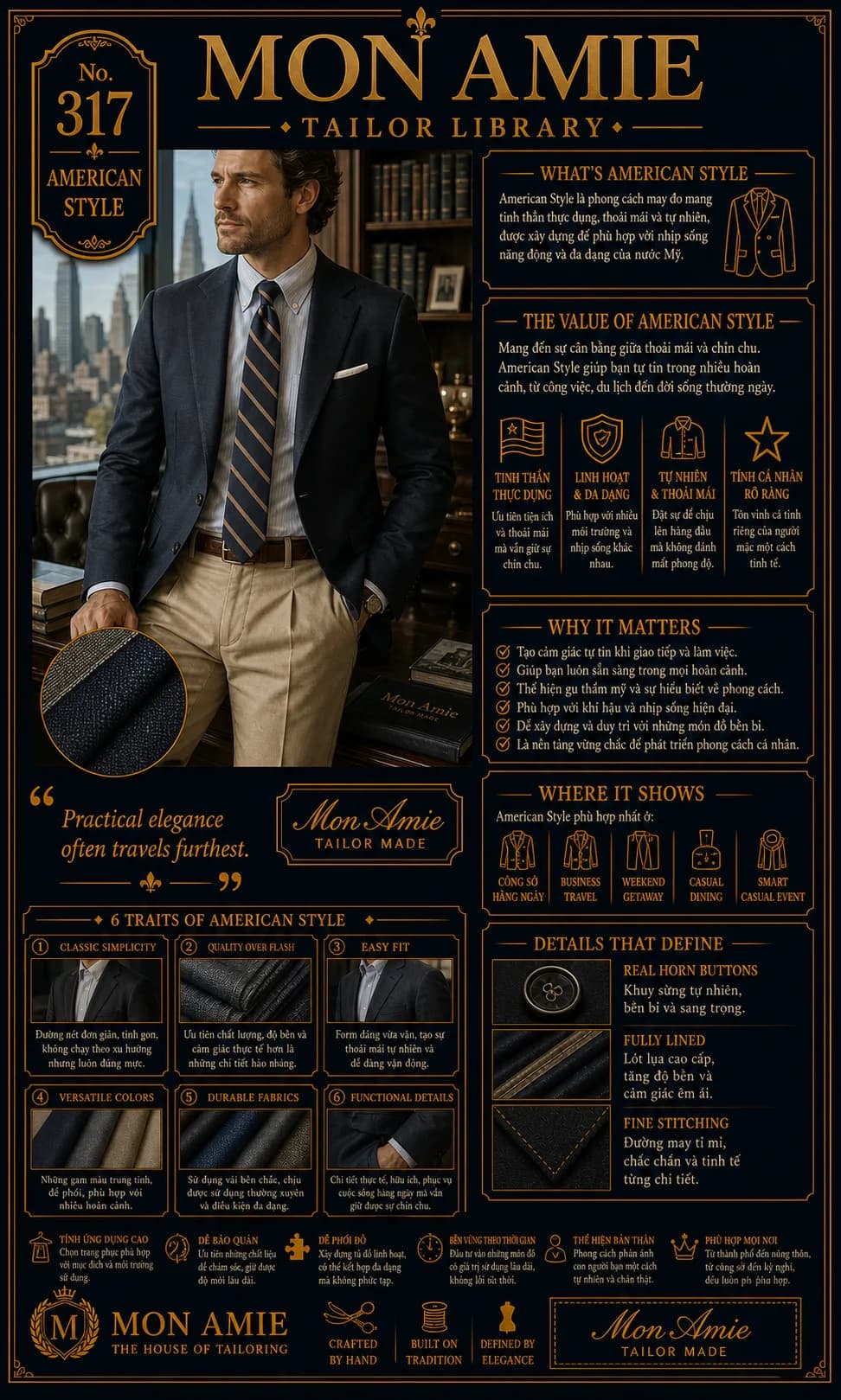 Poster Tailor Library số 317 của Mon Amie về American Style: đặc điểm, giá trị và chi tiết nhận diện phong cách vest Mỹ