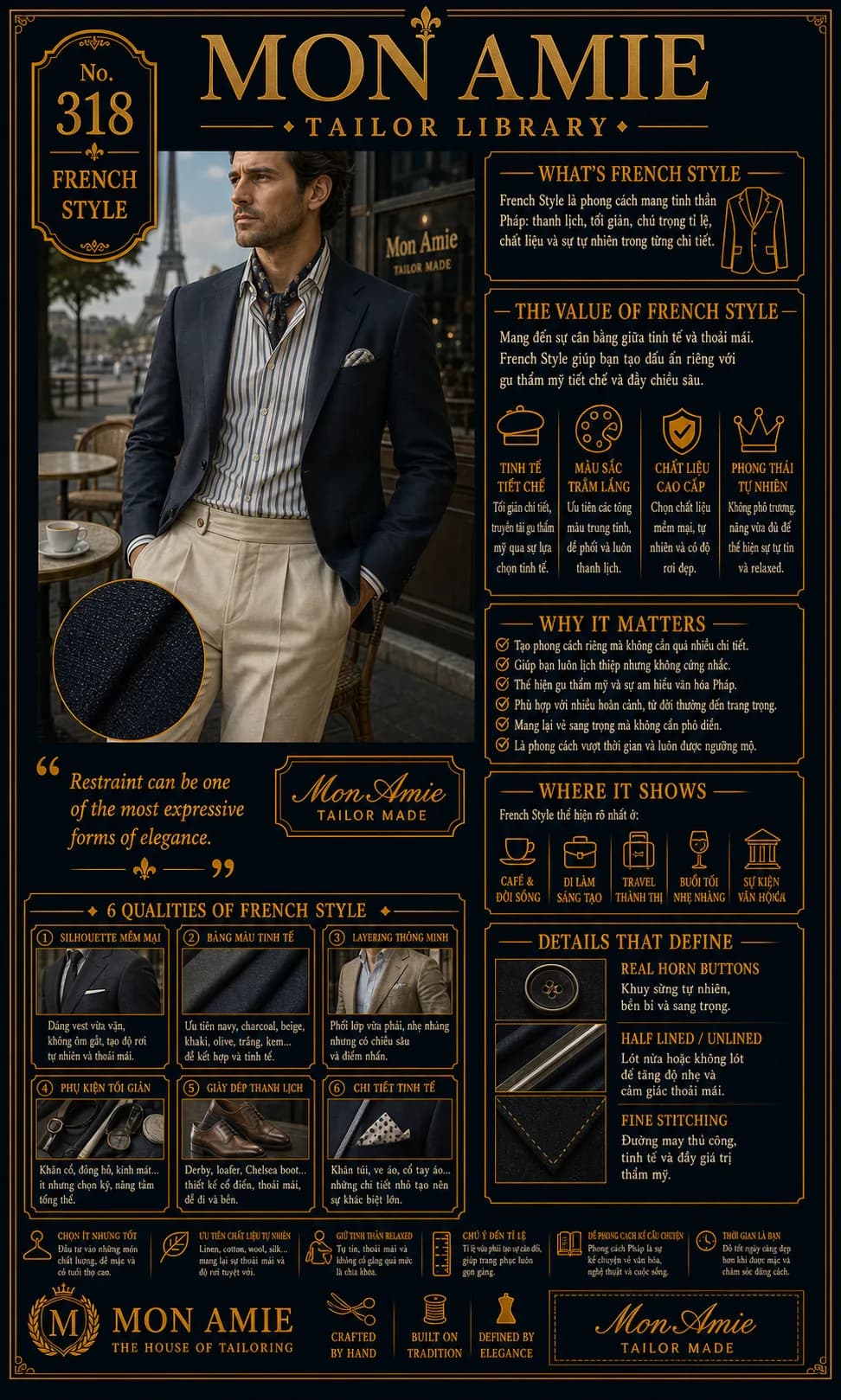 Poster Tailor Library số 318 của Mon Amie về French Style: giá trị, sáu đặc điểm và chi tiết định hình phong cách vest Pháp